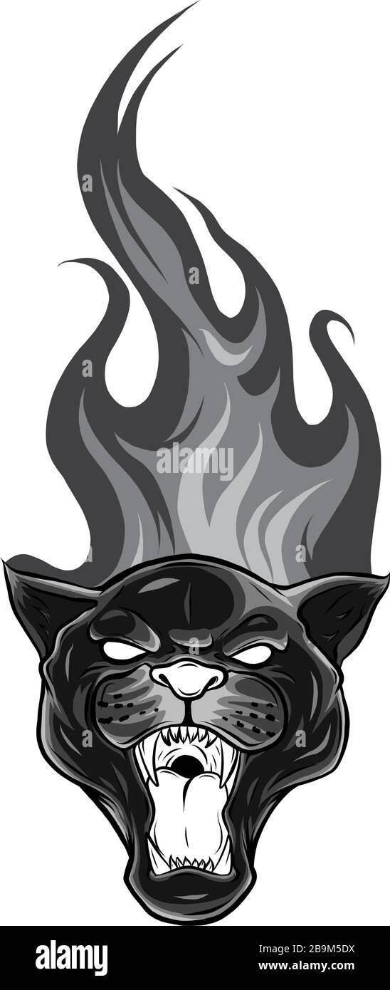 Leopardo monocromatico e fiamma, rappresentazione vettoriale del tatuaggio tribale Illustrazione Vettoriale