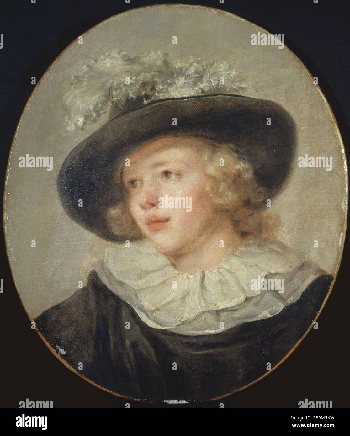 RITRATTO DI GIOVANE CON CAPPELLO DI PIUME JEAN-HONORÉ FRAGONARD (1732-1806). 'Portrait de jeune homme avec un chapeau à Plumes', entre 1785 et 1788. Huile sur toile ovale. Parigi, museo Cognacq-Jay. Foto Stock