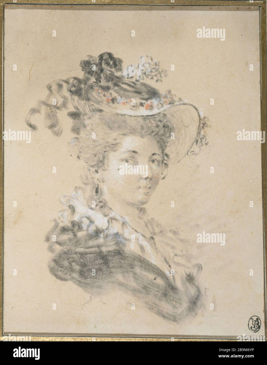 RITRATTO DELLA GIOVANE ATTRIBUÉ à Jean-Honoré Fragonard (1732-1806). 'Portrait de jeune femme'. Dessin au crayon noir avec estompe, rehaussé de pastello. Parigi, museo Cognacq-Jay. Foto Stock