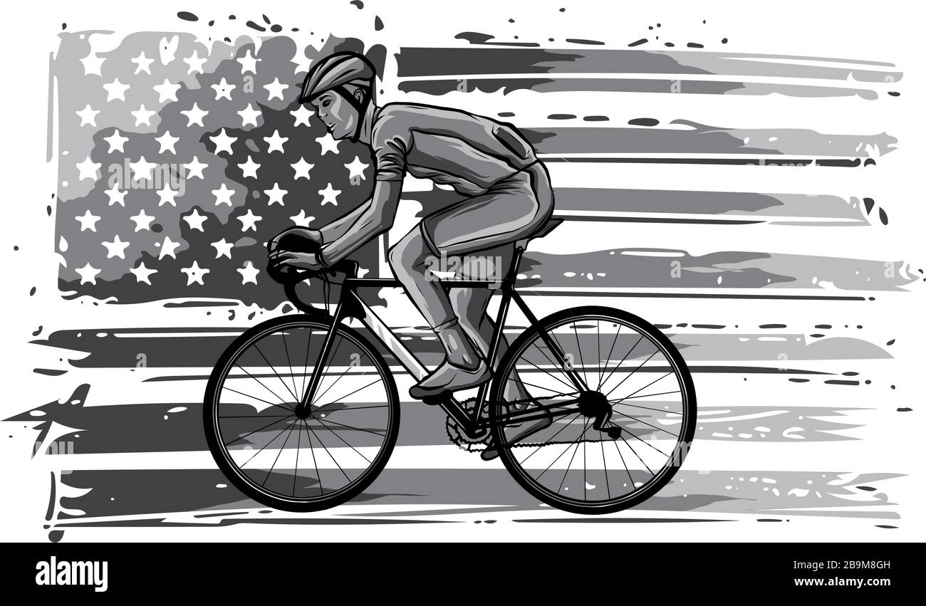 Silhouette monocromatica di un ciclista maschio in gara. Illustrazione. Illustrazione Vettoriale