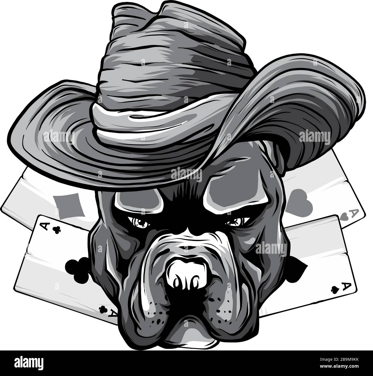 carte da gioco monocromatiche e disegno di illustrazione vettoriale della testa del bulldog Illustrazione Vettoriale