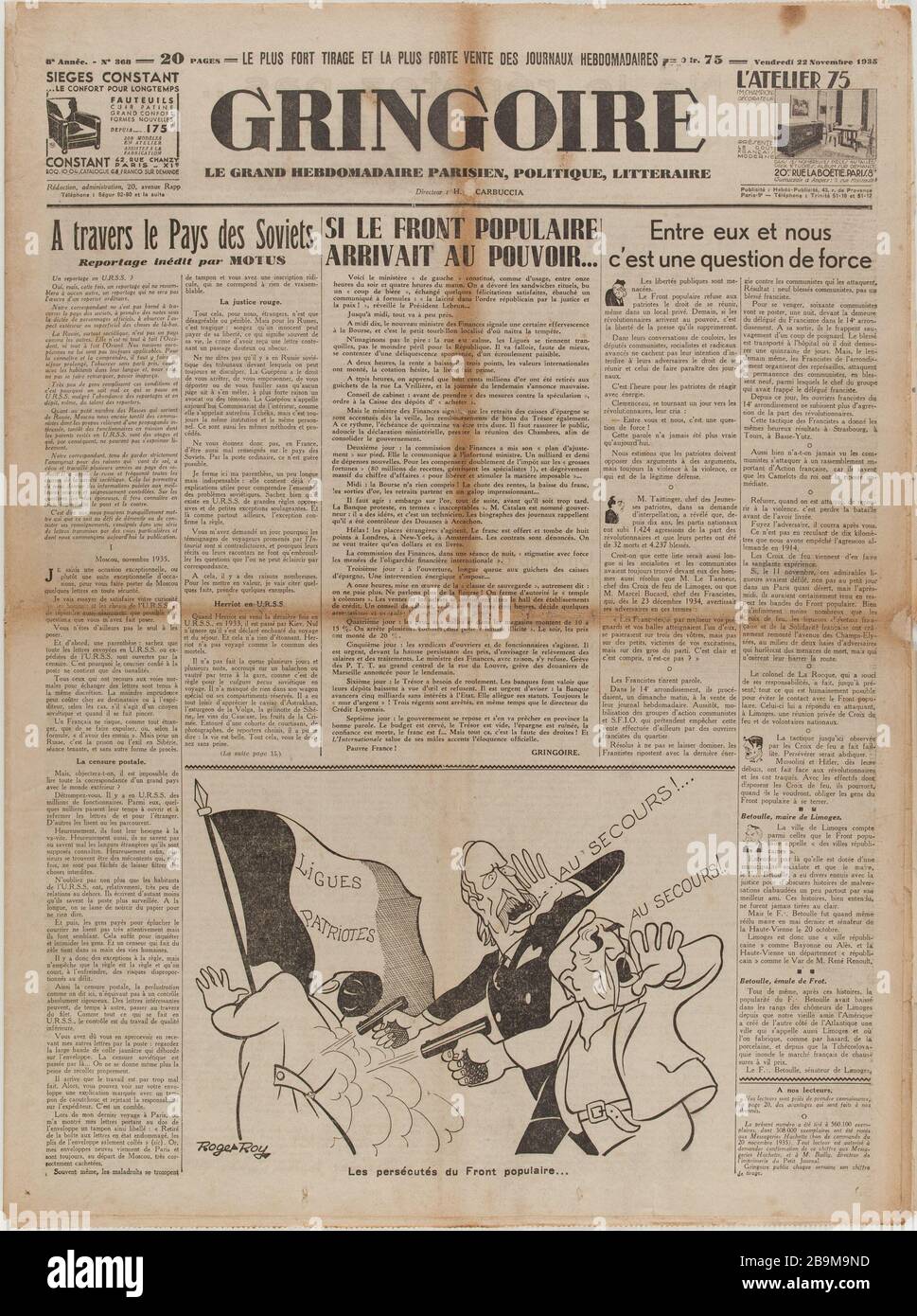 Giornale 'Gringoire' del 22 novembre 1935 Journal 'Gringoire' du 22 novembre 1935. Carta imprimé, 1935. Musée du Général Leclerc de Hauteclocque et de la Libération de Paris, musée Jean Moulin. Foto Stock