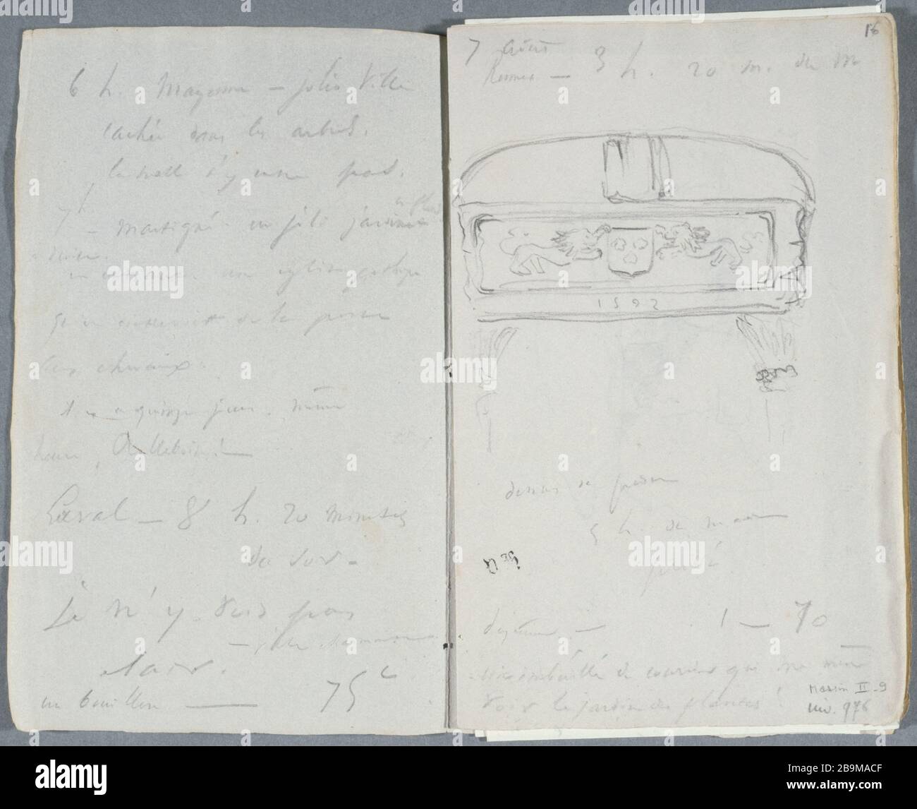 LIBRO DI VIAGGIO: SOPRA PORTA Victor Hugo (1802-1885). "Carnet de voyage 22 juillet - 29 août 1834: dessus de porte (folio.16 avec page vis à vis)". Parigi, Maison de Victor Hugo. Foto Stock
