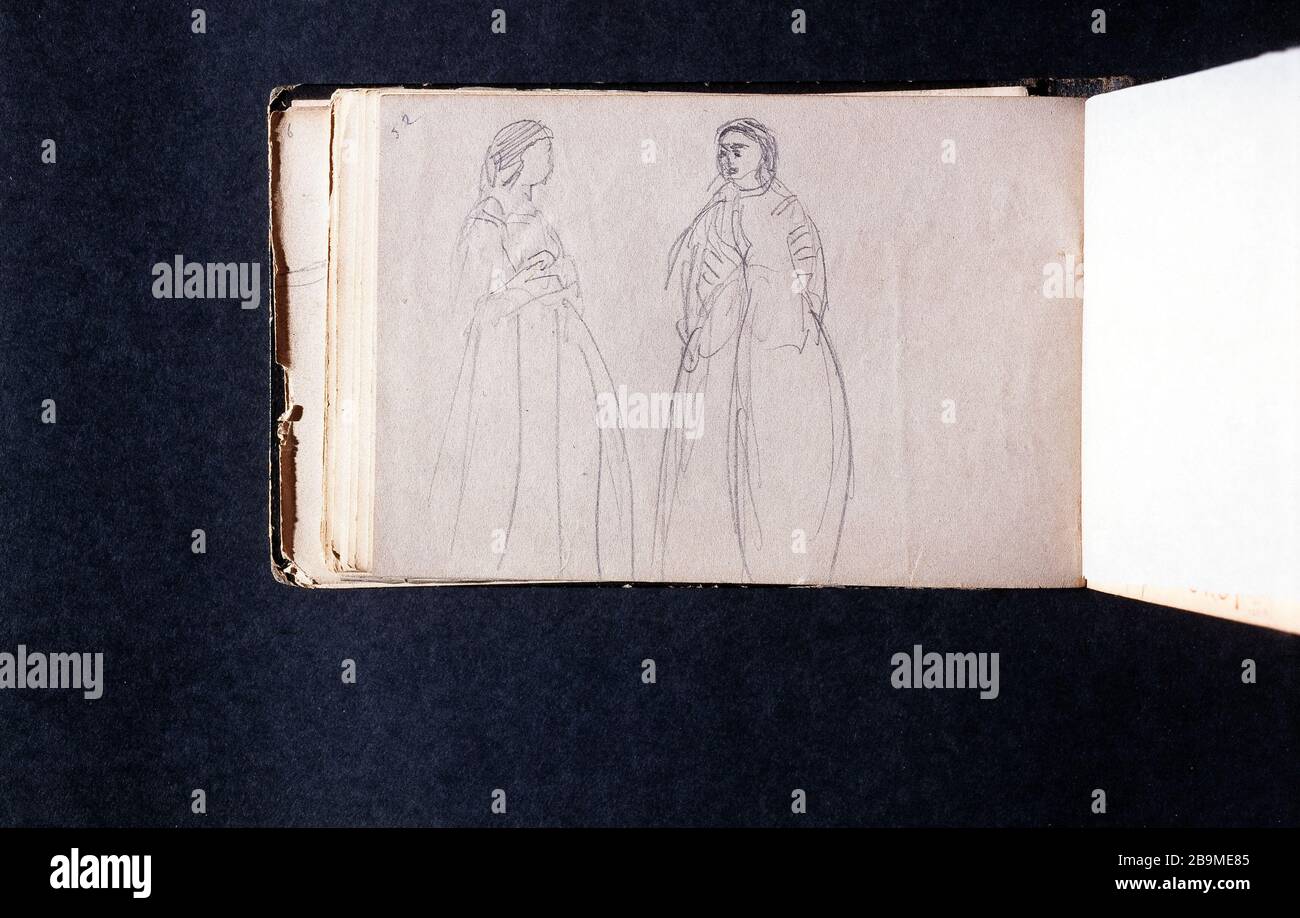 LIBRO DISEGNO COROT: DUE SILHOUETTE DI DONNE IN TEATRO COSTUME (PAGINA 56) JEAN-BAPTISTE CAMILLE COROT (1796-1875). Carnet de croquis de dessins de Corot : Deux silhouettes de femmes en costume de théâtre (pagina 56). Crayon. Parigi, musée Carnavalet. Foto Stock