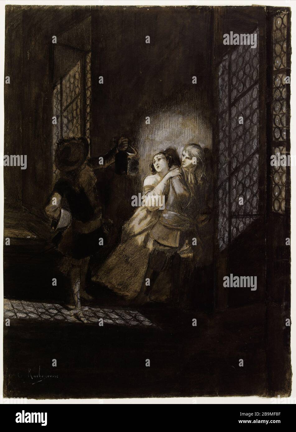 Ethel e Ordener sorpresi dal tenente Ahlefeld Georges-Antoine Rochegrosse (1859-1938), peintre et Illustrateur français. Ethel et Ordener surpris par le lieutenant d'Ahlefeld. Fusain, gouache blanche, Plume. Encre, lavis, grafite miniera sur papier beige. 1884. Parigi, Maison de Victor Hugo. Foto Stock