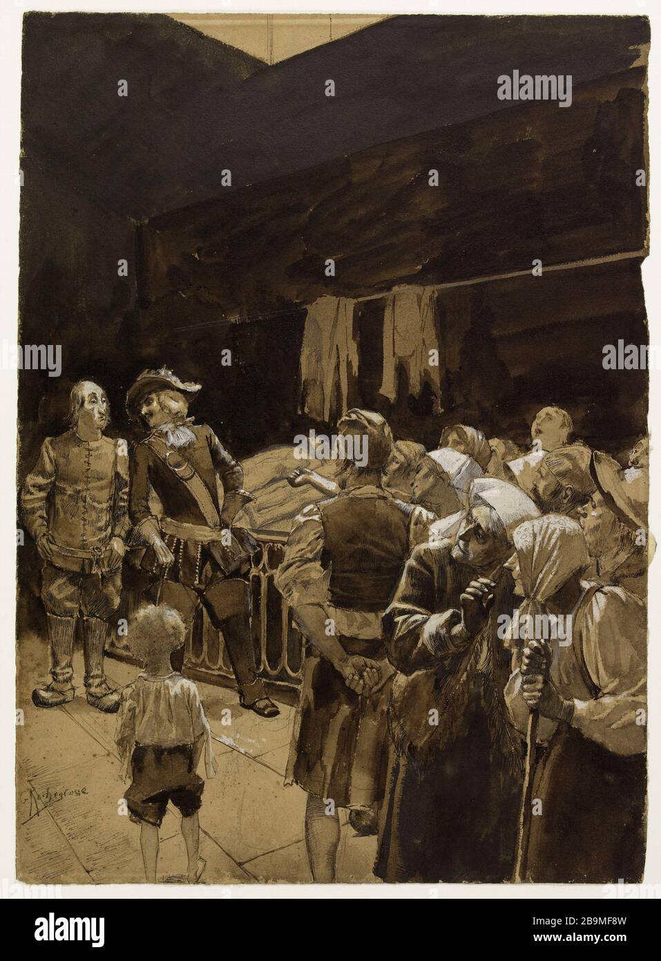 Il morgue Georges-Antoine Rochegrosse (1859-1938), peintre et Illustrateur français. La morgue. Grafite, gouache blanche Encre noire et brune, plume. Sur papier beige. 1884. Parigi, Maison de Victor Hugo. Foto Stock