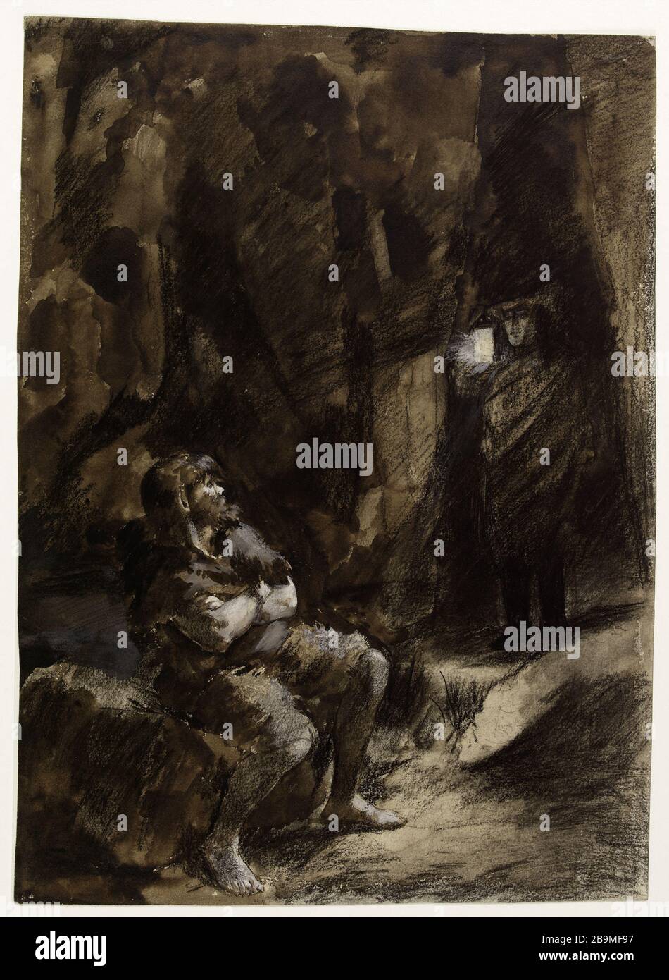 Conte d'Ahlefeld e Hans d'Islanda Georges-Antoine Rochegrosse (1859-1938), peintre et Illustrateur français. Le comte d'Ahlefeld et Han d'Islande. Fusain, lavis d'encré, gouache blanche, plumes et barbes de plume. Sur papier beige. 1884. Parigi, Maison de Victor Hugo. Foto Stock