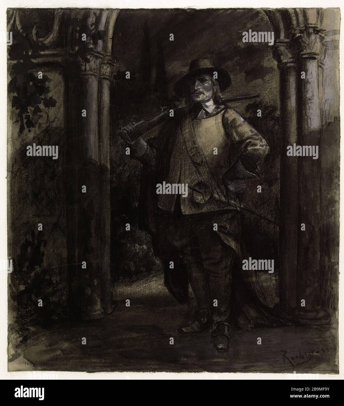 Cromwell (The Sentinel) Georges-Antoine Rochegrosse (1859-1938), peintre et Illustrateur français. Cromwell (la Sentinelle). Fusain, lavis? Encre, gouache sur papier beige. 1883. Parigi, Maison de Victor Hugo. Foto Stock