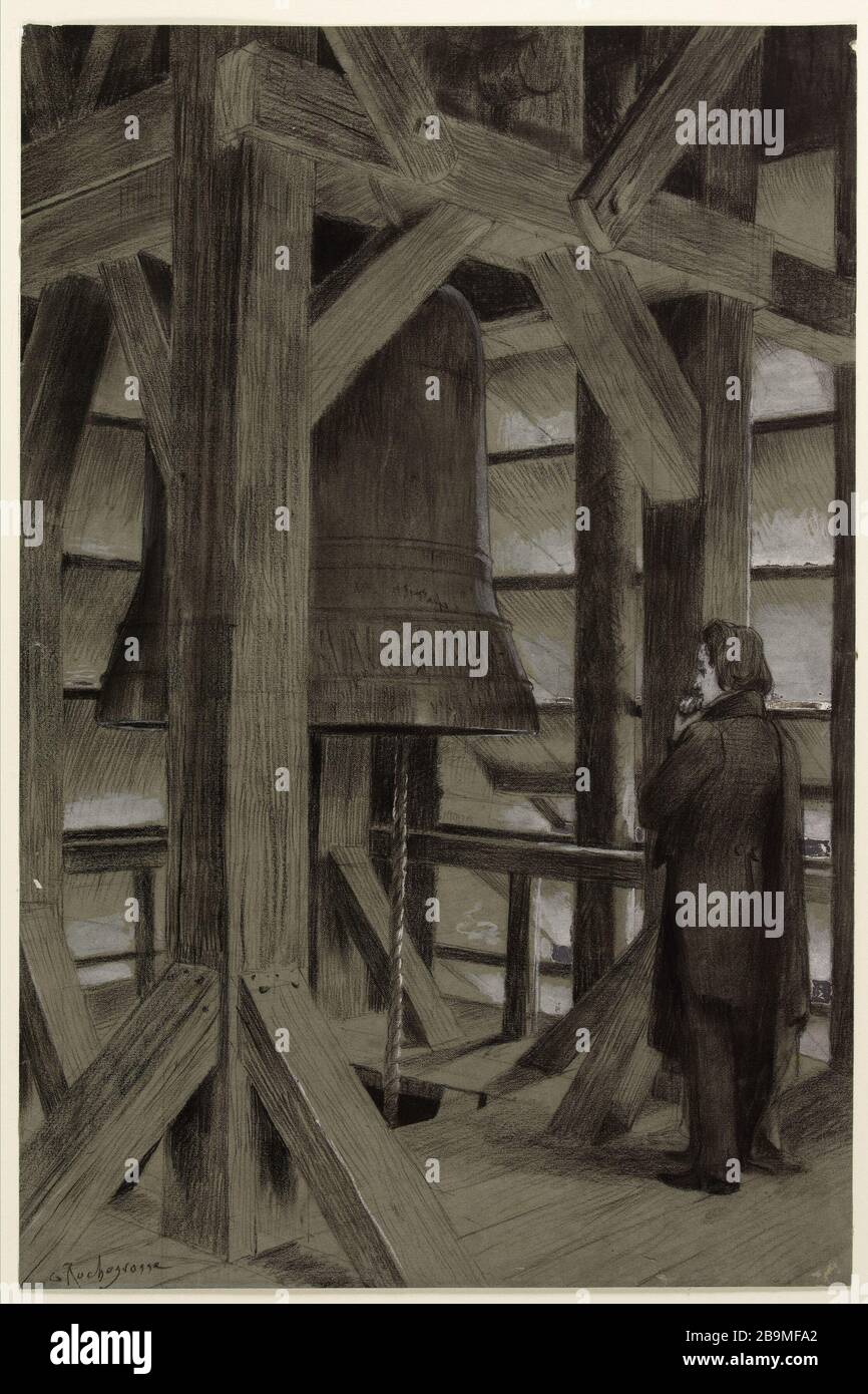 La campana Georges-Antoine Rochegrosse (1859-1938), peintre et Illustrateur français. La cloche. Miniera di grafite, fusain et gouache blanche sur papier bleuté. 1886. Parigi, Maison de Victor Hugo. Foto Stock