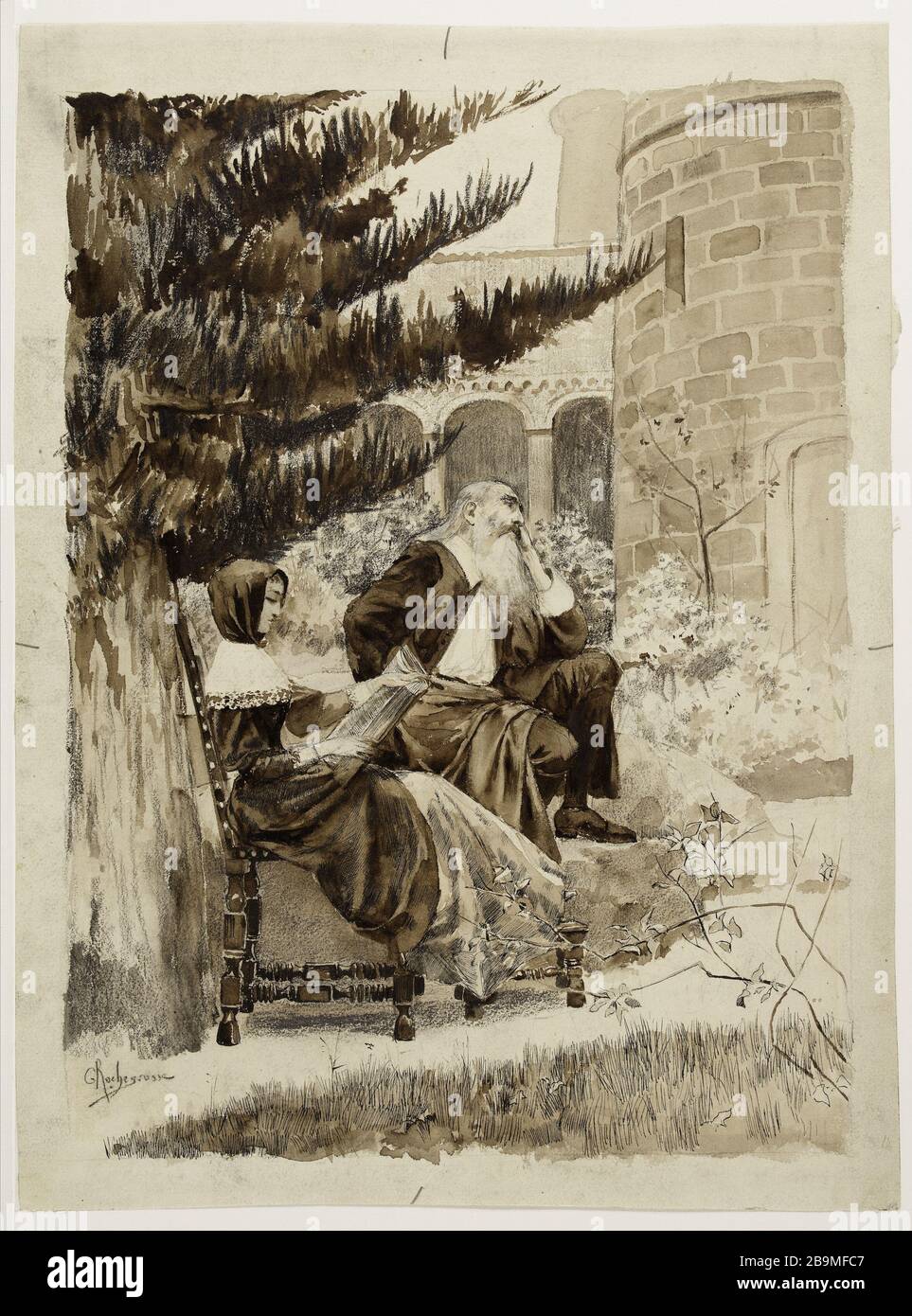 Schumacker ed Ethlel Georges-Antoine Rochegrosse (1859-1938), peintre et Illustrateur français. Schumacker et Ethlel. Encre noire et brune, plume, fusain sur papier crème, blancs obtenus par la réserve du papier. 1884. Parigi, Maison de Victor Hugo. Foto Stock