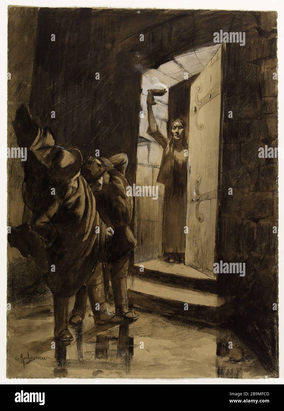 Il boia della donna Georges-Antoine Rochegrosse (1859-1938), peintre et Illustrateur français. La femme du bourreau. Fusain, gouache blanche, lavis Encre, Plume, barbes de plume. Sur papier beige. 1884. Parigi, Maison de Victor Hugo. Foto Stock