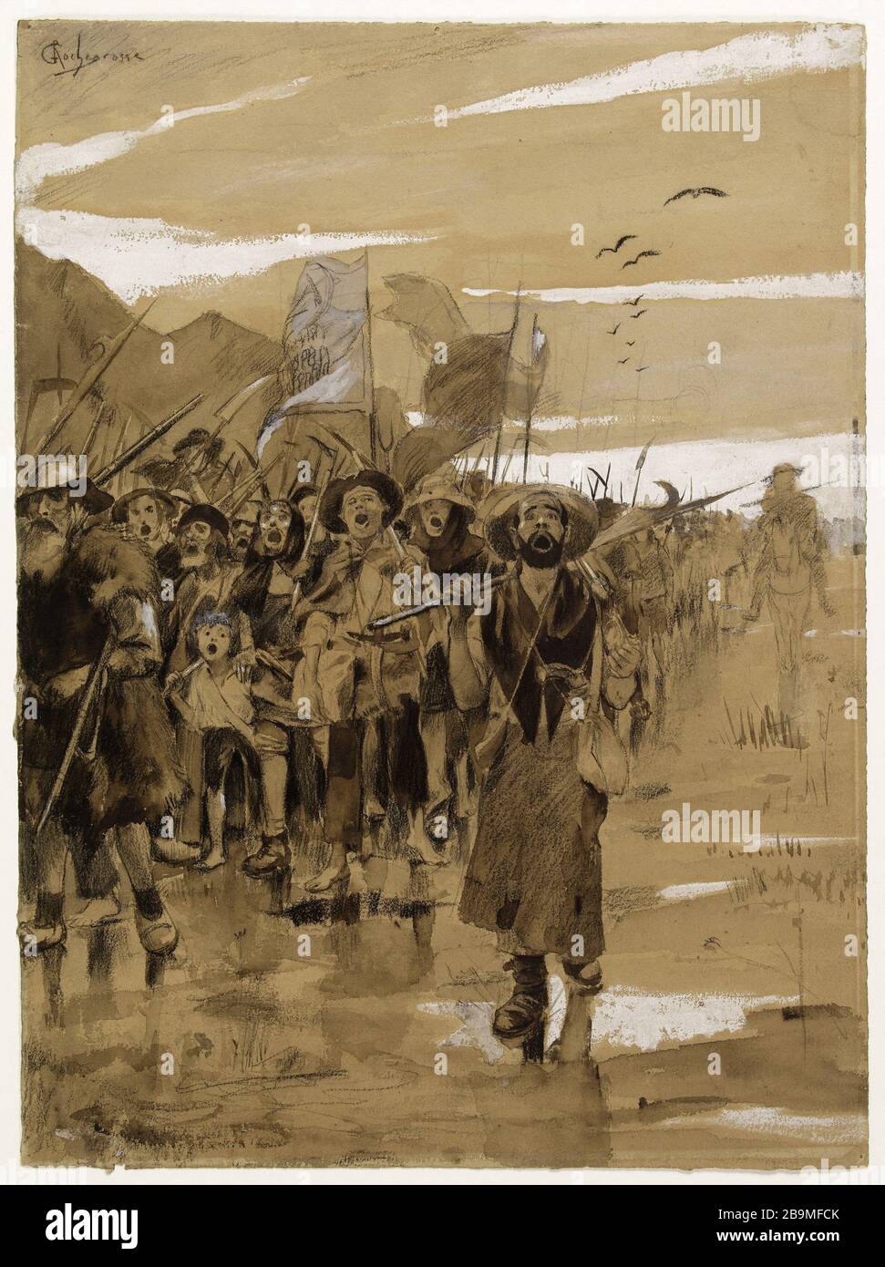 la marcia dei minatori Georges-Antoine Rochegrosse (1859-1938), peintre et Illustrateur français. La marche des mineurs. Fusain, lavis d'Encre, gouache blanche sur papier beige? crayon noir?. 1884. Parigi, Maison de Victor Hugo. Foto Stock