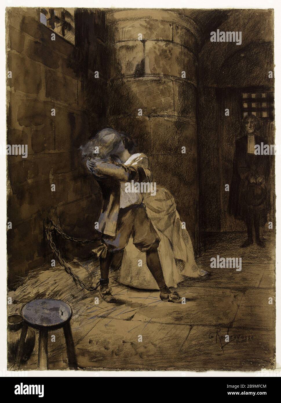 Ethel e Ordener in carcere Georges-Antoine Rochegrosse (1859-1938), peintre et Illustrateur français. Ethel et Ordener dans la prigione. Fusain, il mio grapit? Encre, lavis, gouache blanche sur papier beige. 1884. Parigi, Maison de Victor Hugo. Foto Stock