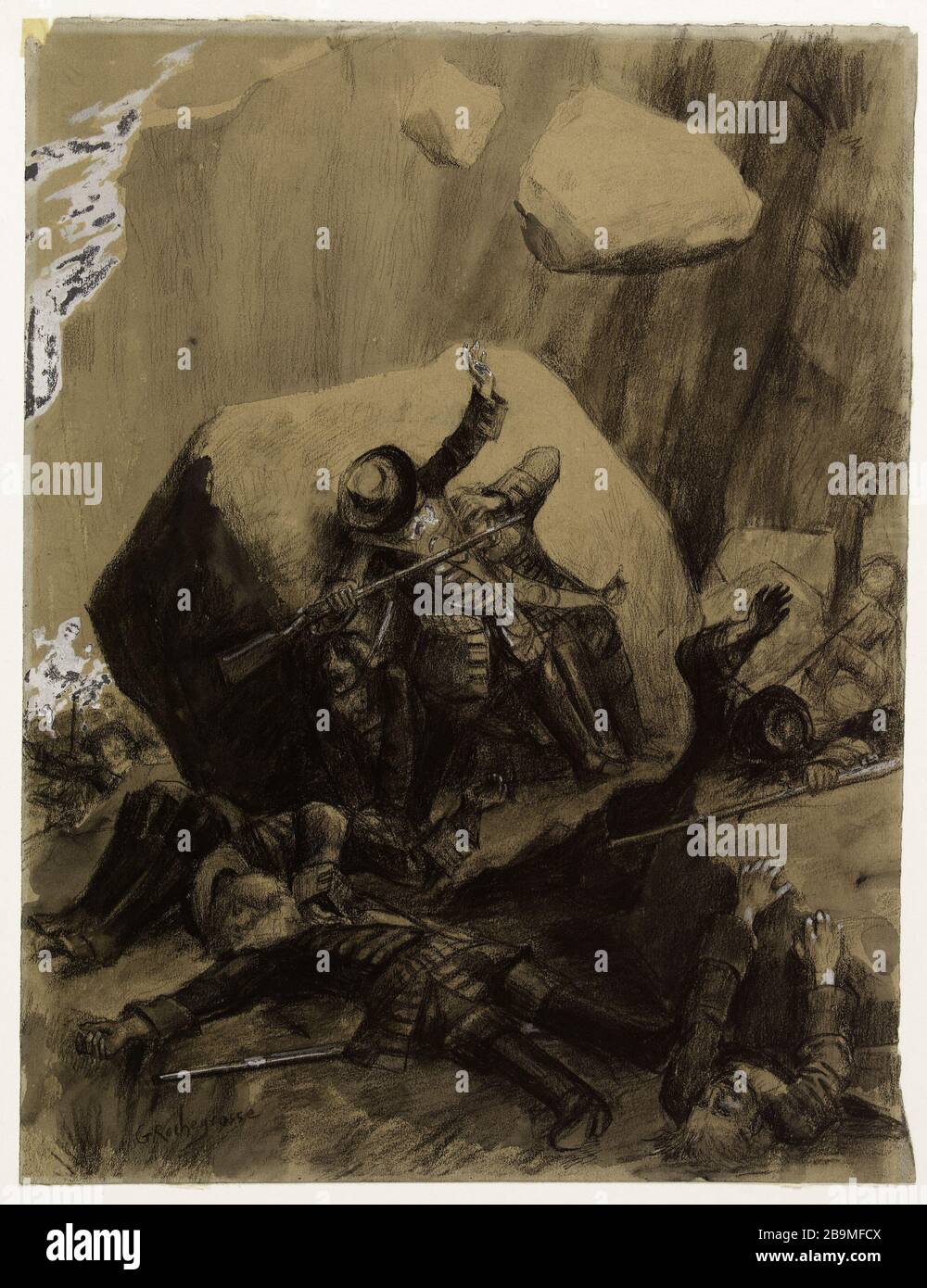 Masse di roccia gettate sui Munkholm moschettieri Georges-Antoine Rochegrosse (1859-1938), peintre et Illustrateur français. Quartiers de rocs jetés sur les arquebusiers de Munckholm. Fusain, lavis et gouache blanche. 1884. Parigi, Maison de Victor Hugo. Foto Stock