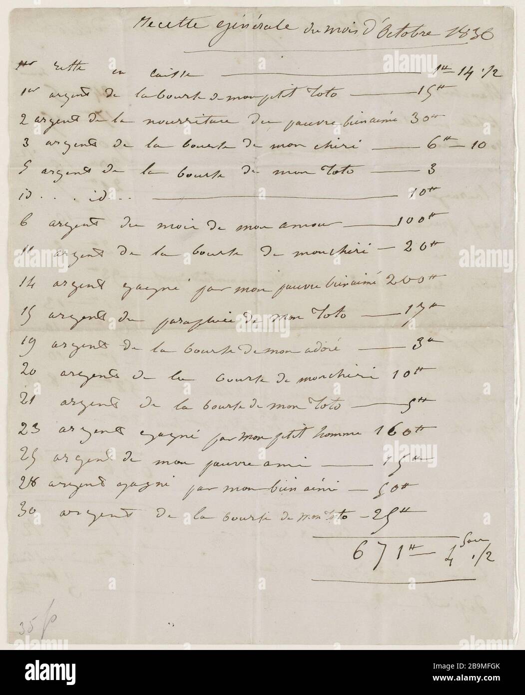 Resoconto di ottobre [1836] Juliette Drouet ; compte du mois d'octobre[1836] ; Maison Victor Hugo - Parigi Foto Stock