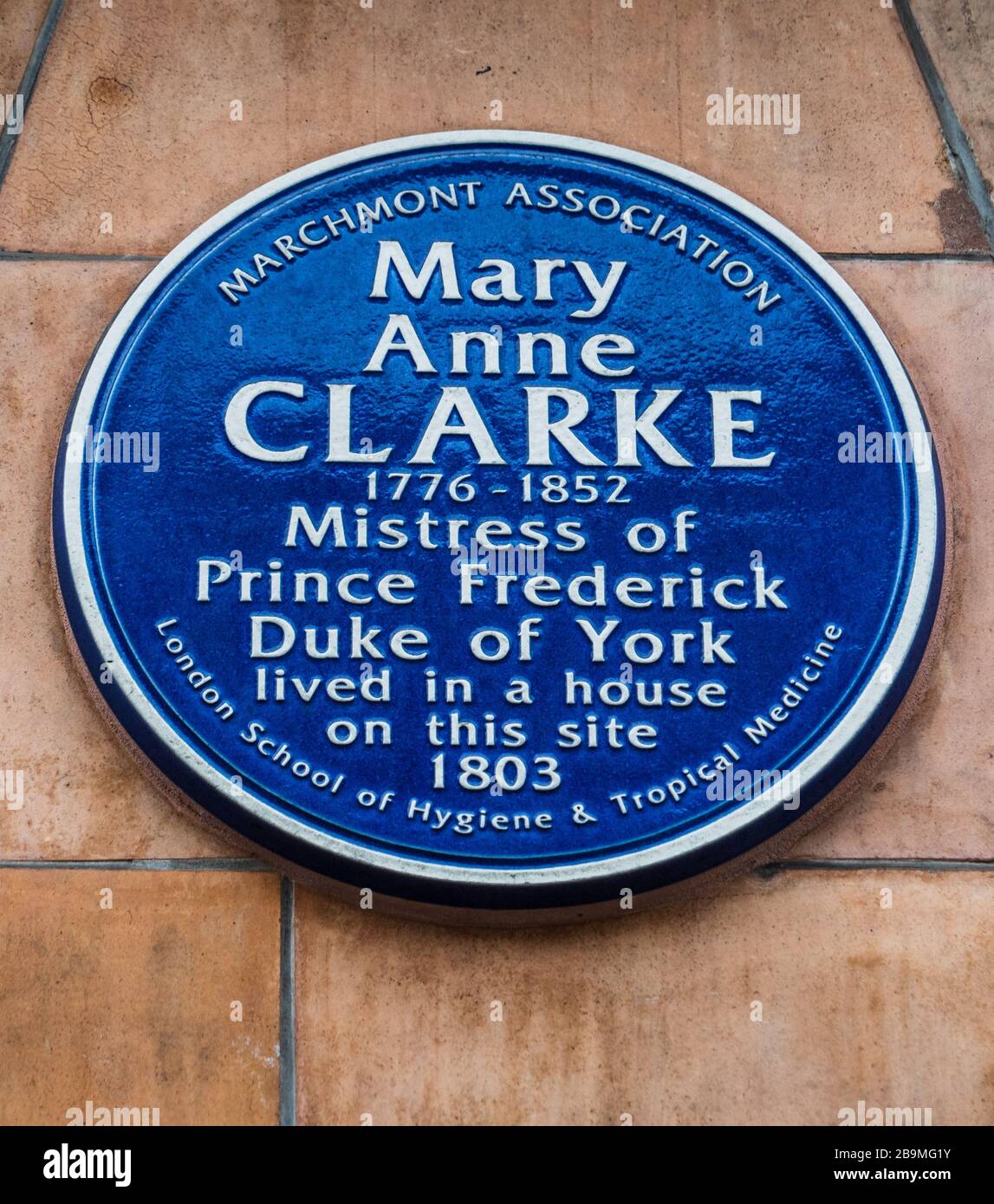 Mary Anne Clarke Blue Plaque 31 Tavistock Place, Londra. Mary Anne Clarke era la padrona del principe Federico Duca di York. Foto Stock