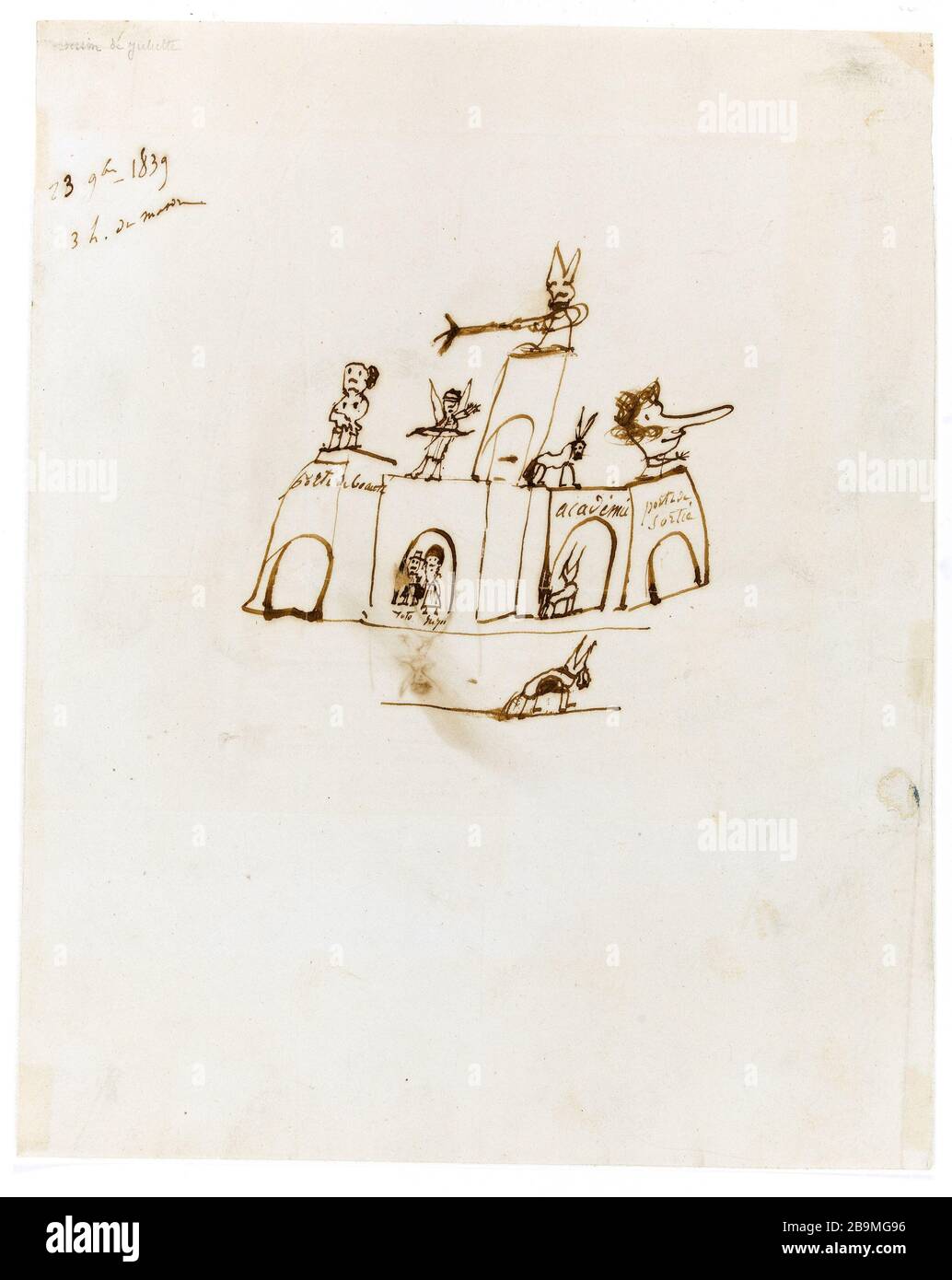 CARTOON DELL'ACCADEMIA Juliette Drouet. "Caricature de l'Académie". Plume et encre brune sur papier. 1839. Parigi, Maison de Victor Hugo. Foto Stock