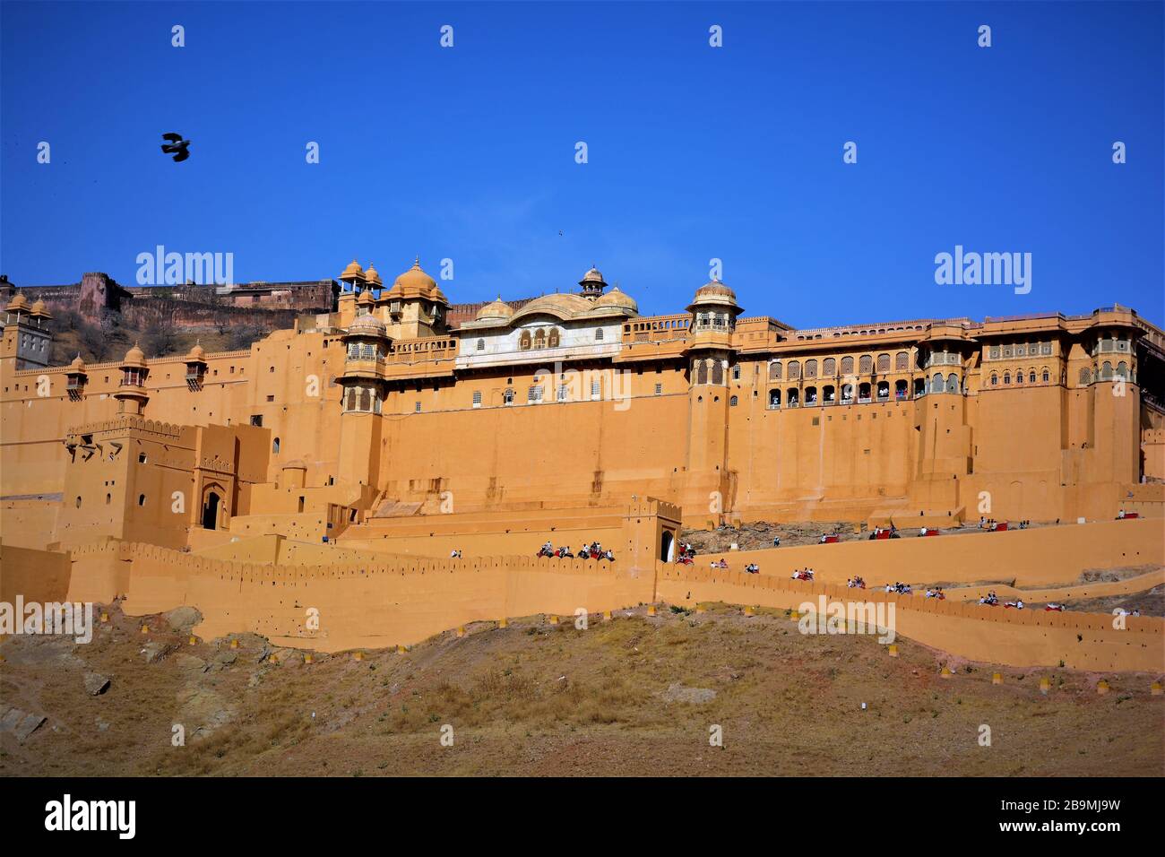 Vista panoramica della storica Amber Place costruita in arenaria rossa e situata in alto su una collina, Jaipur, India Foto Stock