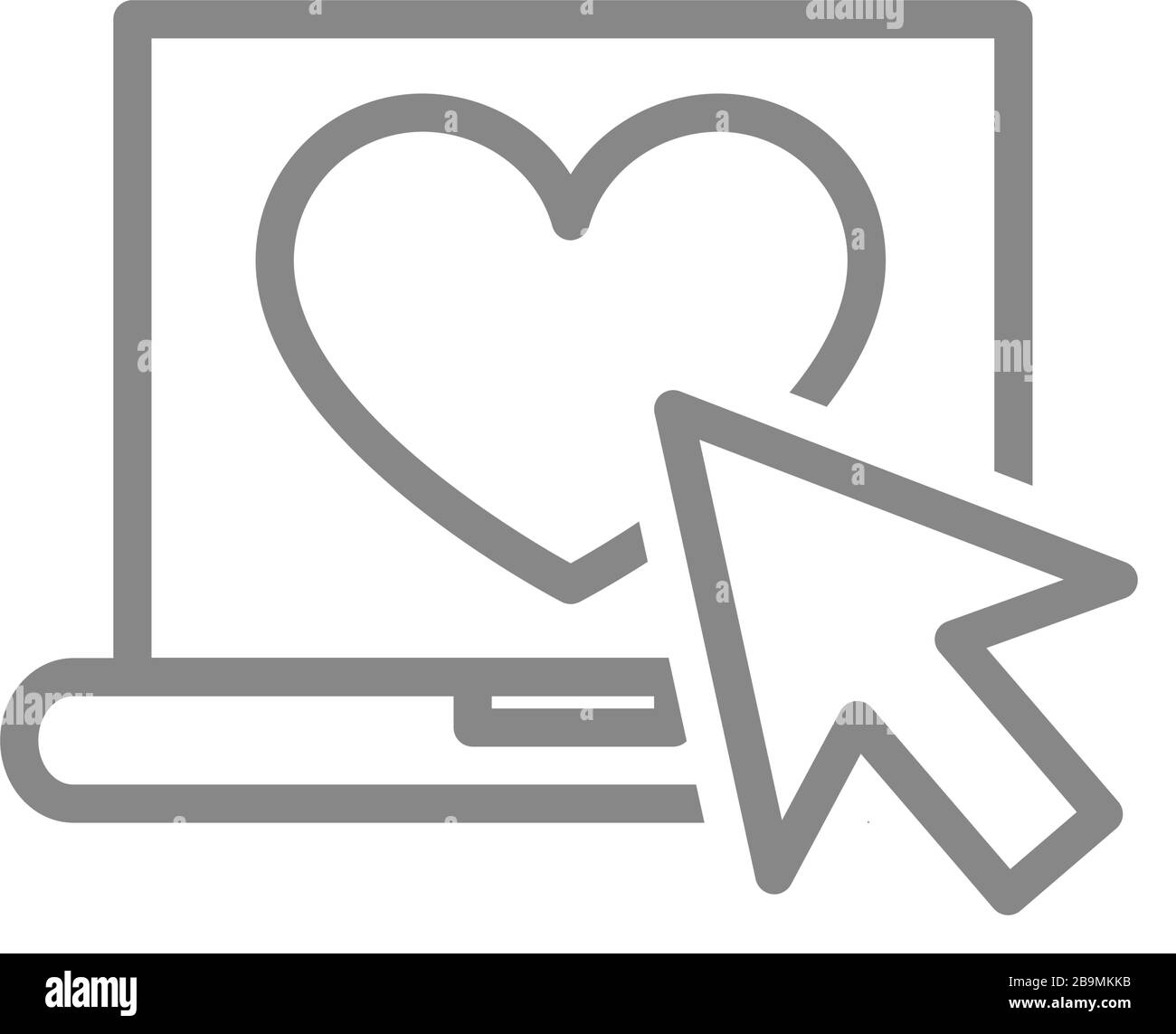 Laptop con icona a forma di cuore e freccia del cursore. Soddisfazione del cliente, simbolo di feedback positivo Illustrazione Vettoriale