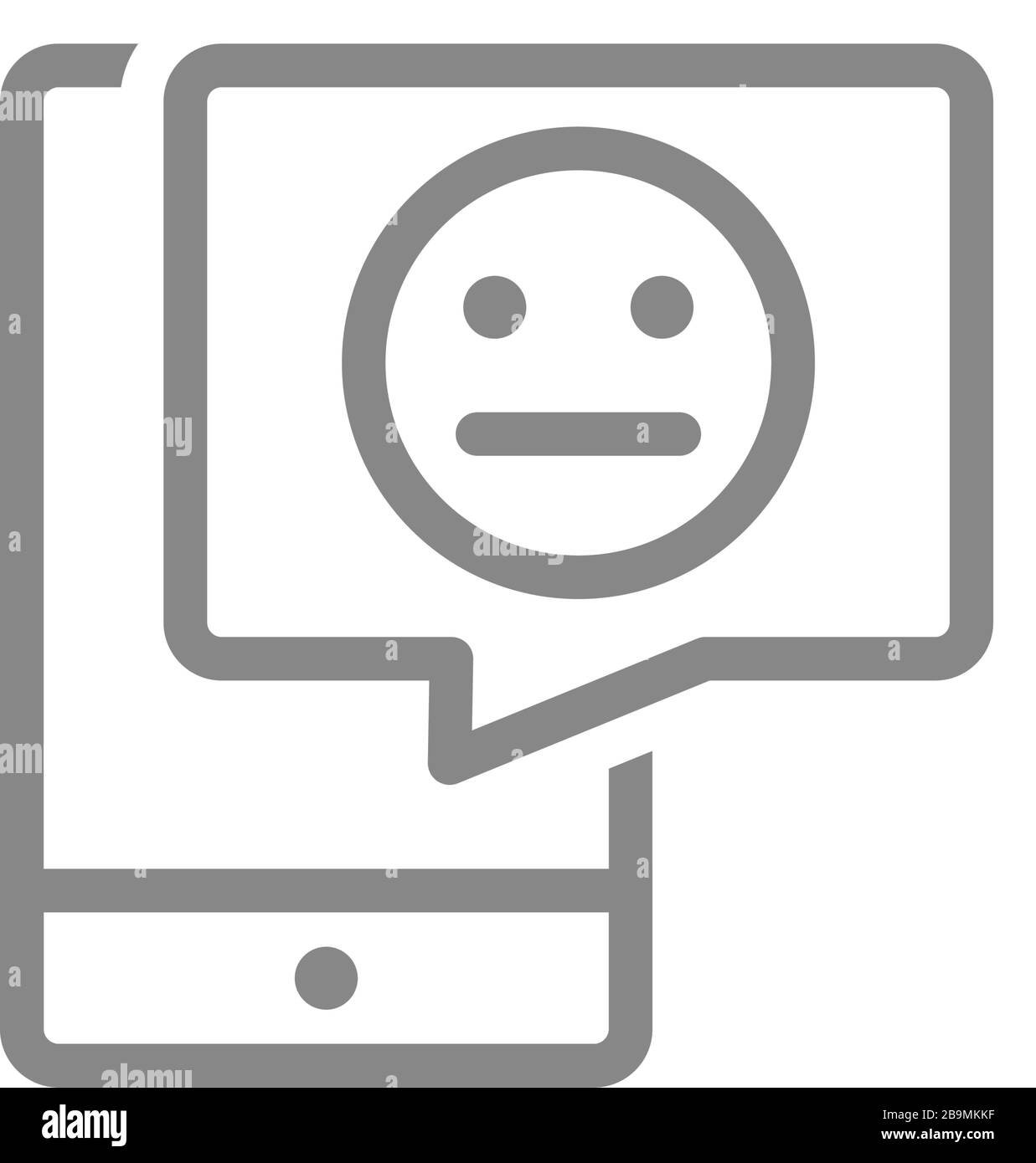 Smartphone con faccia neutra nell'icona a forma di bolla di riconoscimento vocale. Insoddisfazione del cliente, simbolo cliente non soddisfatto Illustrazione Vettoriale