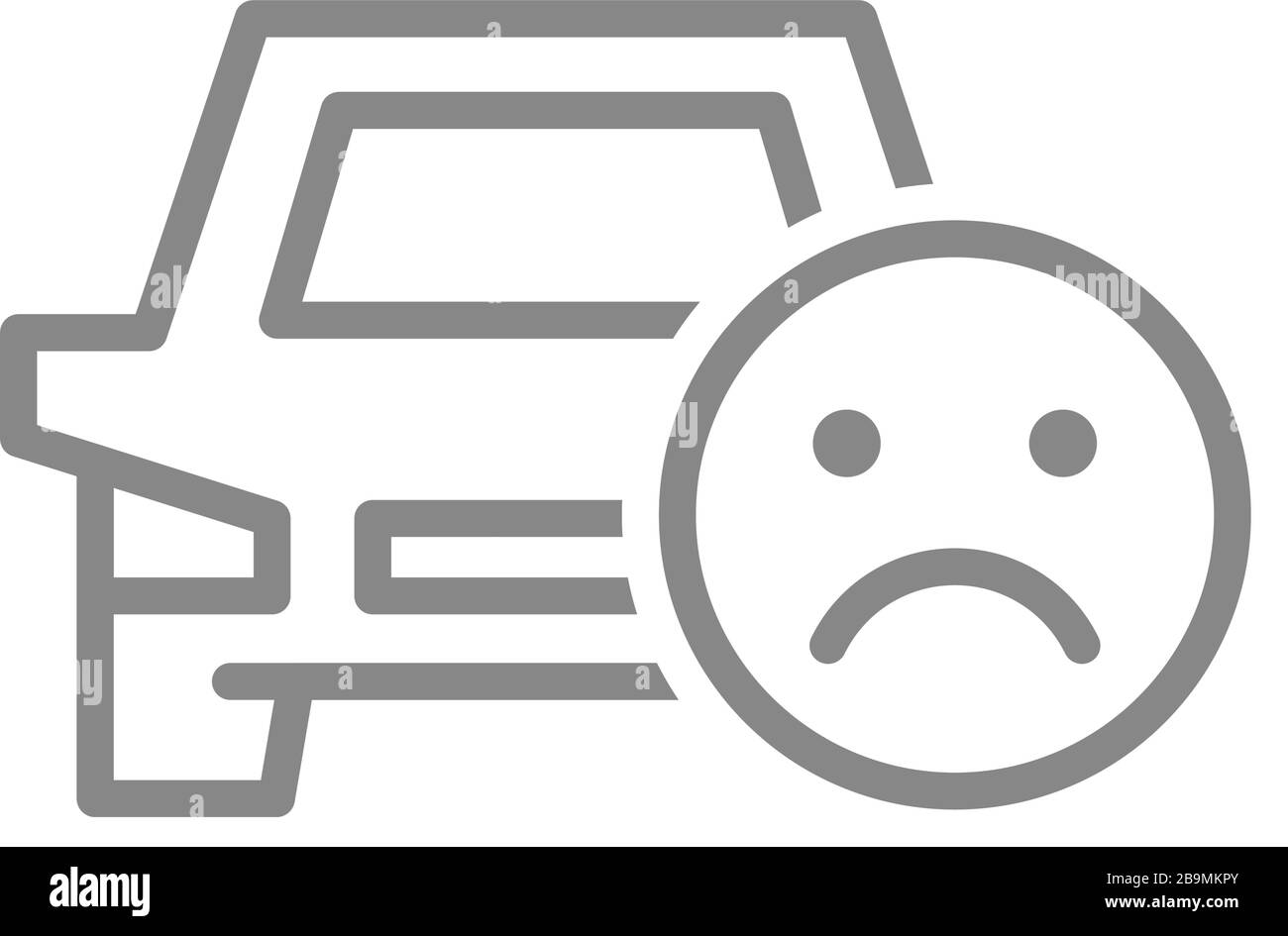 Auto con icona della linea del volto triste. Peggiore servizio di trasporto, negativo taxi feedback simbolo Illustrazione Vettoriale