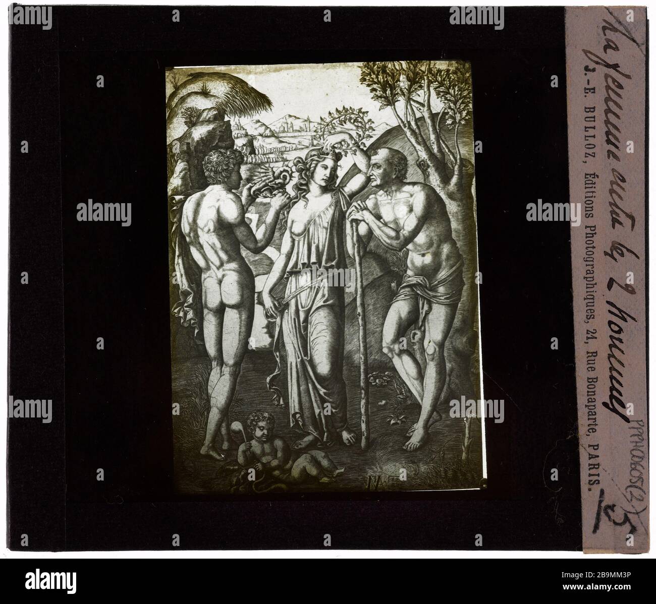 Marc Raimondi. Donna tra due uomini Marc-Antoine Raimondi (1480 - Vers 1534). 'Femme entre deux hommes'. Plaque de Projection noir et blanc. 1900-1930. Fotografie di Jacques-Ernest Bulloz (1858-1942). Musée des Beaux-Arts de la Ville de Paris, Petit Palais. Foto Stock