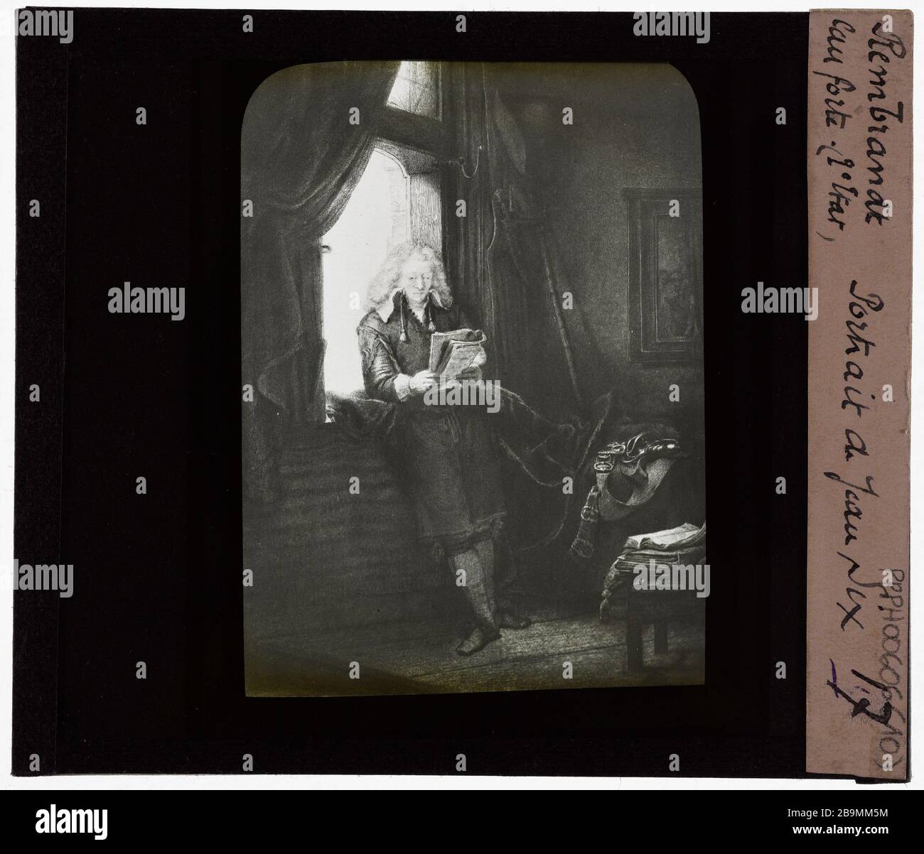 Rembrandt van Rijn (1606-1669), pittore olandese. Ritratto di Jean Six Rembrandt van Rijn (1606-1669), peintre Hollandais. Eaux fortes. "Portrait de Jean Six". Plaque de Projection noir et blanc. 1900-1930. Fotografie di Jacques-Ernest Bulloz (1858-1942). Musée des Beaux-Arts de la Ville de Paris, Petit Palais. Foto Stock