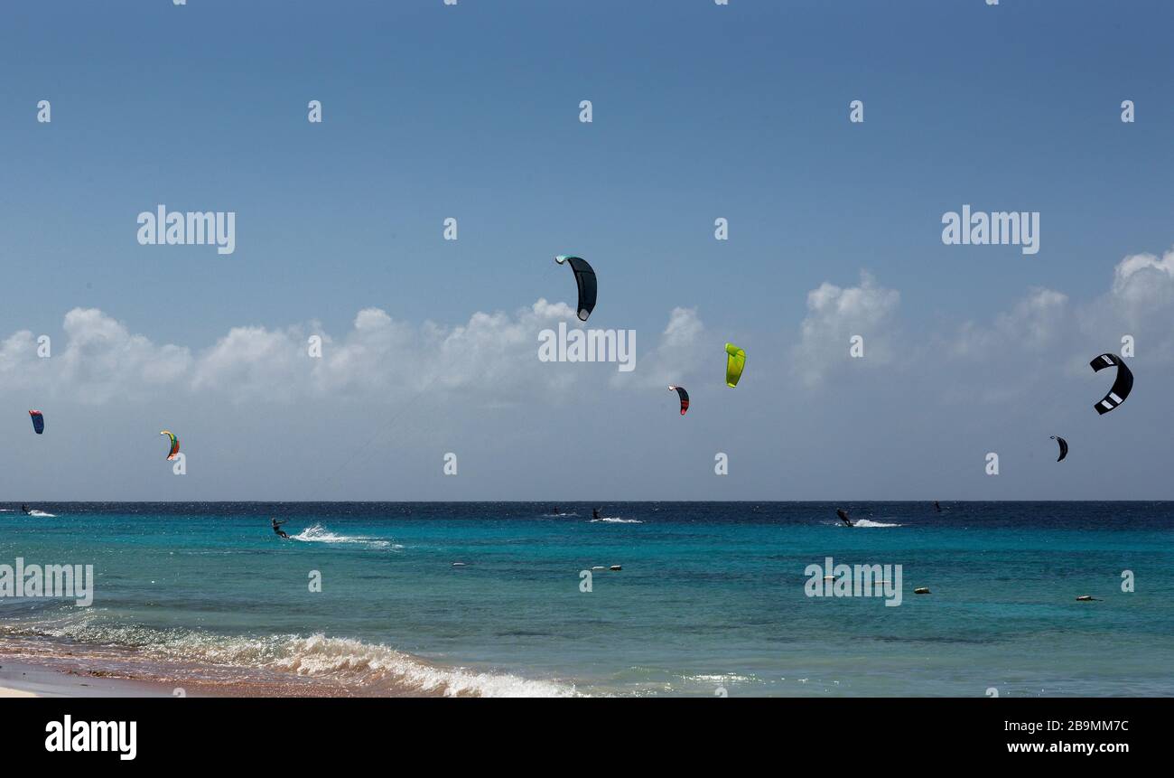 Venti potere kite imbarco nelle acque blu di Bonaire, Paesi Bassi Antille, Caraibi Foto Stock