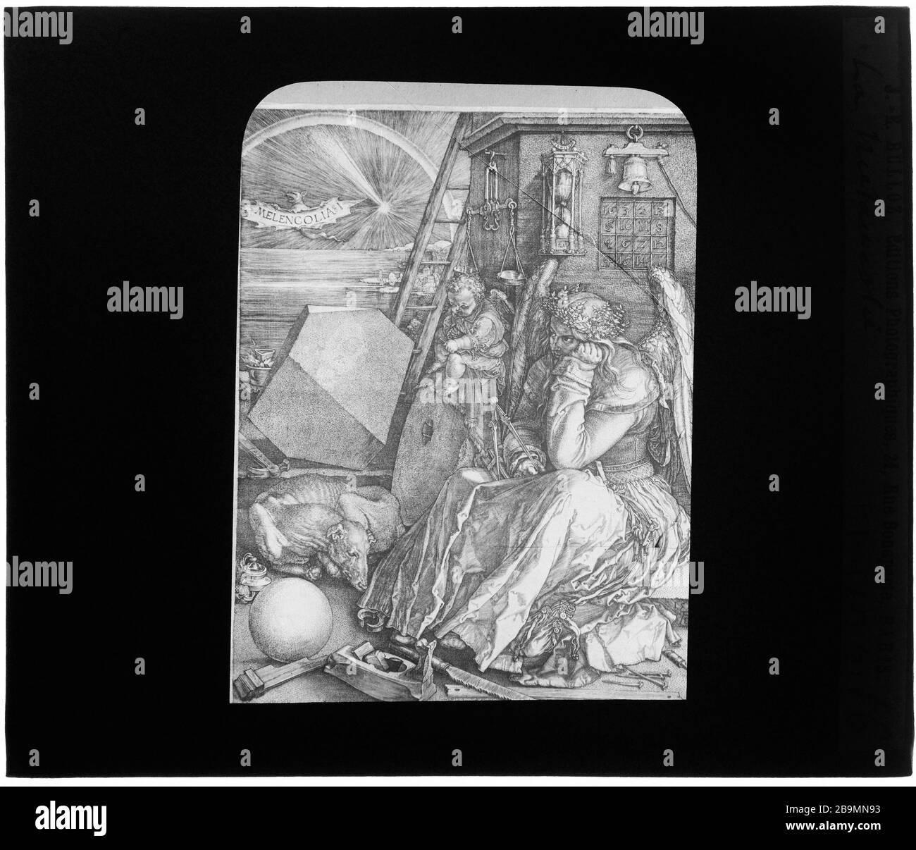 Ultimo. Durer malinconico. 'La Mélancolie'. Plaque de Projection noir et blanc. 1900-1930. Fotografie di Jacques-Ernest Bulloz. Musée des Beaux-Arts de la Ville de Paris, Petit Palais. Foto Stock