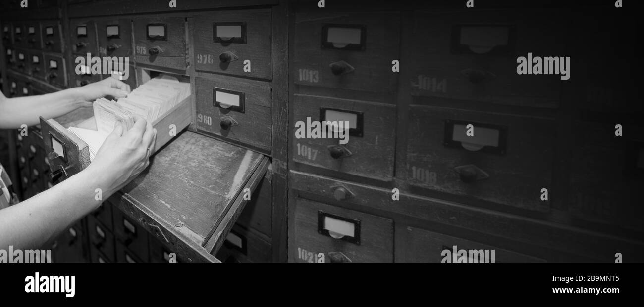 indice schede con schede in una libreria con spazio di copia Foto Stock