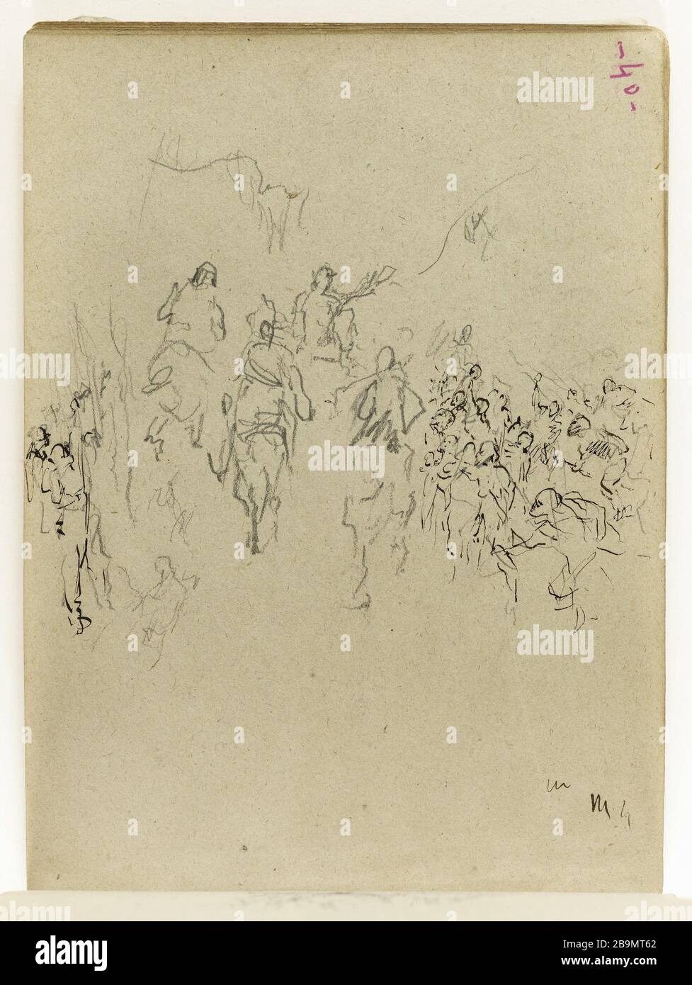 Studio di uomini a cavallo con una folla di persone a loro destra (p. 40 del pattino). Jean-Baptiste Carpeaux (1827-1875). Etude d'hommes à cheval avec une foule de personnes à leur droite (p. 40 du carnet de croquis). Dessin, 1870. Musée des Beaux-Arts de la Ville de Paris, Petit Palais. Foto Stock