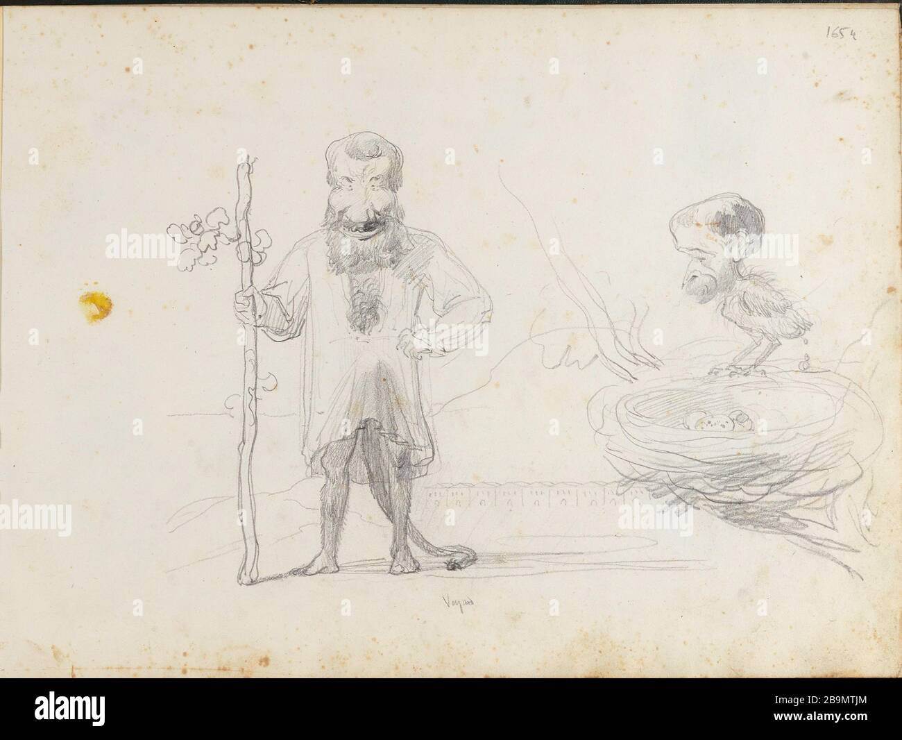 Ritratti-carica due uomini, un centauro, e l'altro uccello sul suo nido Foto Stock