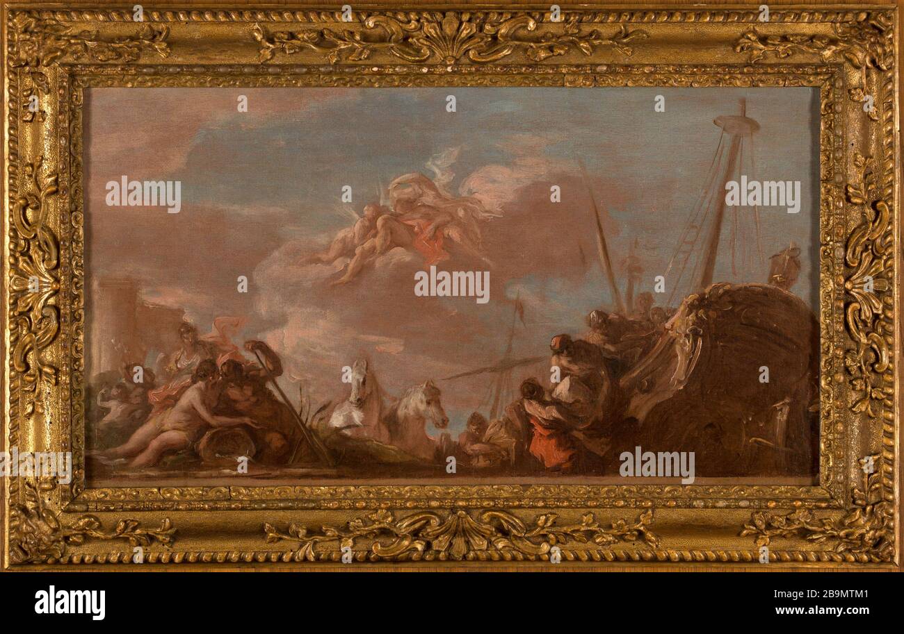 Schizzo per il soffitto della Royal Bank: La Senna in scarico merci dalla Louisiana Giovanni Antonio Pellegrini, dit Gianantonio. Esquisse pour le plafond de la Banque Royale à Paris : "le Déchargement en bord de Seine de marchandises en provenance de la Louisiane". Huile sur toile, 1720. Musée des Beaux-Arts de la Ville de Paris, Petit Palais. Foto Stock