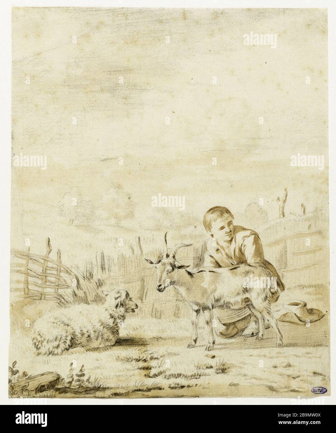 Giovane ragazzo mungendo una capra Karel Dujardin (1622-78). Jeune garçon trayant une chèvre. Pierre noire et lavis de bistre, 1652. Musée des Beaux-Arts de la Ville de Paris, Petit Palais. Foto Stock