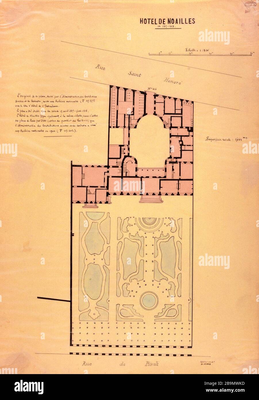 MAPPA ALBERGHI DI NOAILLES, SAINT-HONORE 'Plan de l'Hôtel de Noailles, rue Saint Honoré, en 1817-1818'. Anonyme. Dessin. Parigi, musée Carnavalet. Foto Stock