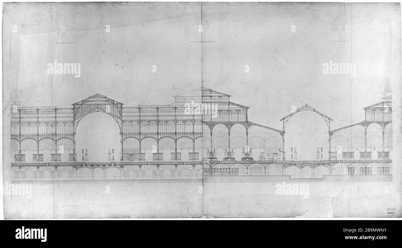 Mercato centrale Victor Baltard (1805-1874). Halles centrales. Lavis, Plume, crayon sur fond gravé, XIXe siècle. Parigi, musée Carnavalet. Foto Stock