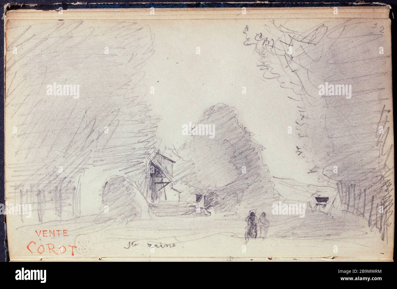 Pagina 52 dello sketchbook: Studio del paesaggio Camille Corot (1796-1875). Page 52 du carnet de croquis : étude de paysagage, 1868. Crayon sur papier. Parigi, musée Carnavalet. Foto Stock