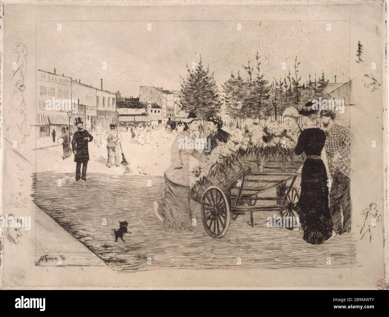 MERCATO DEI FIORI SUL BOULEVARD DE CLICHY NORBERT GOENEUTTE (1854-1894). 'Marchande de fleurs sur le Boulevard de Clichy'. Gravure (eau-forte). Parigi, musée Carnavalet. Foto Stock