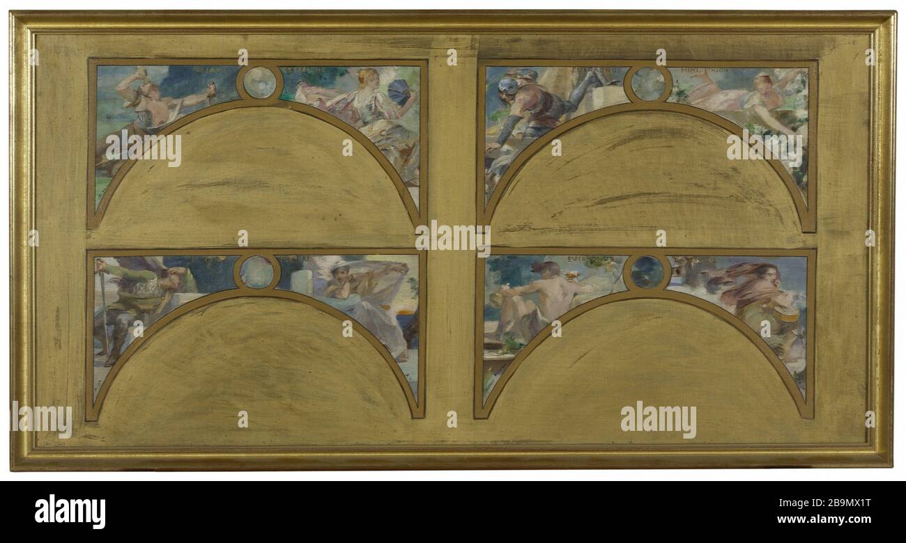 Disegno per la mostra delle arti, Municipio: Le principali opere letterarie (il canto di Roland, il Misantrope, Eviradnus, Mimi Pinson, El Cid, Phaedra, Pantagruel, la Cigale) Albert Maignan (1845-1908). "Esquisse pour le salon des Lettres de l'Hôtel de Ville : les grandes oeuvres lettéraires (la chanson de Roland, le Misanthrope, Eviradnus, Mimi Pinson, le Cid, Phèdre, Pantagruel, la Cigale)". Huile sur toile. 1890. Musée des Beaux-Arts de la Ville de Paris, Petit Palais. Foto Stock