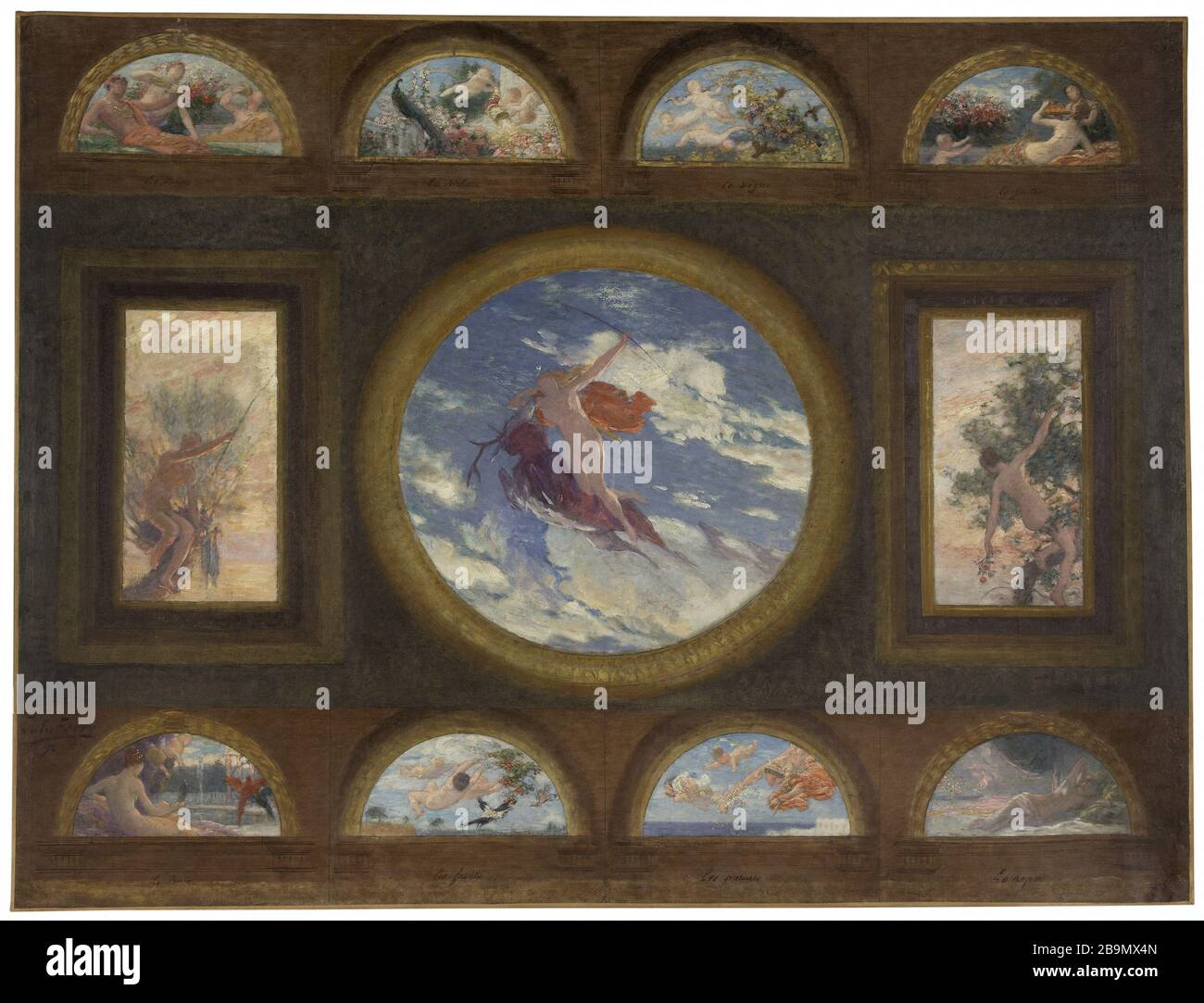 Schizzo per la sala da pranzo dell'Hotel de Ville a Parigi: La benefattrice e Madre Terra - il bere. La ricchezza. Vite. Tè pomeridiano. Il bagno. I frutti. I set. Riposo. Jules Ferry (1844-?). 'La Terre bienfaitrice et nourricière - le Boire. La Richesse. La Vigne. Le Goûter. Le Bain. Frutta Les. Les Parures. Le Repos'. Esquisse pour la salle à manger de l'Hôtel de Ville de Paris. Huile sur toile, 1892. Musée des Beaux-Arts de la Ville de Paris, Petit Palais. Foto Stock