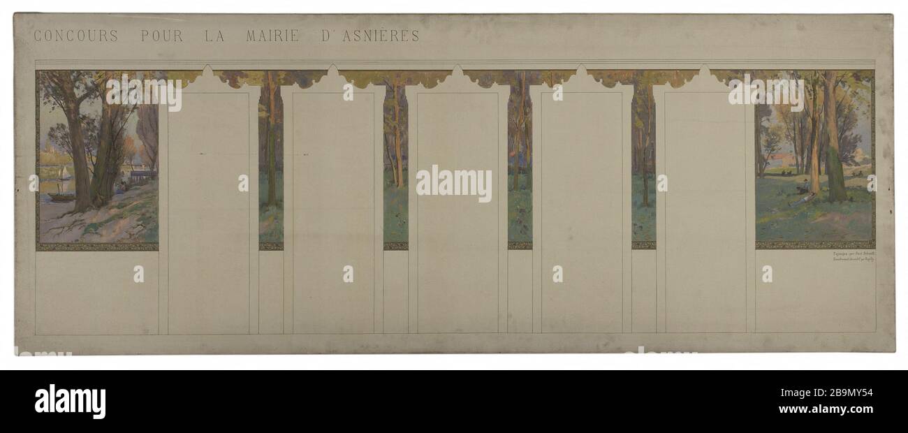 Schizzo per la sala del Municipio di Asnieres: Sottobosco paesaggio. Schmitt, Paul Léon Felix. Esquisse pour la salle des fêtes de la mairie d'Asnières : Paysage de sous-bois. Huile et encre noire sur toile. Vers 1901. Musée des Beaux-Arts de la Ville de Paris, Petit Palais. Foto Stock