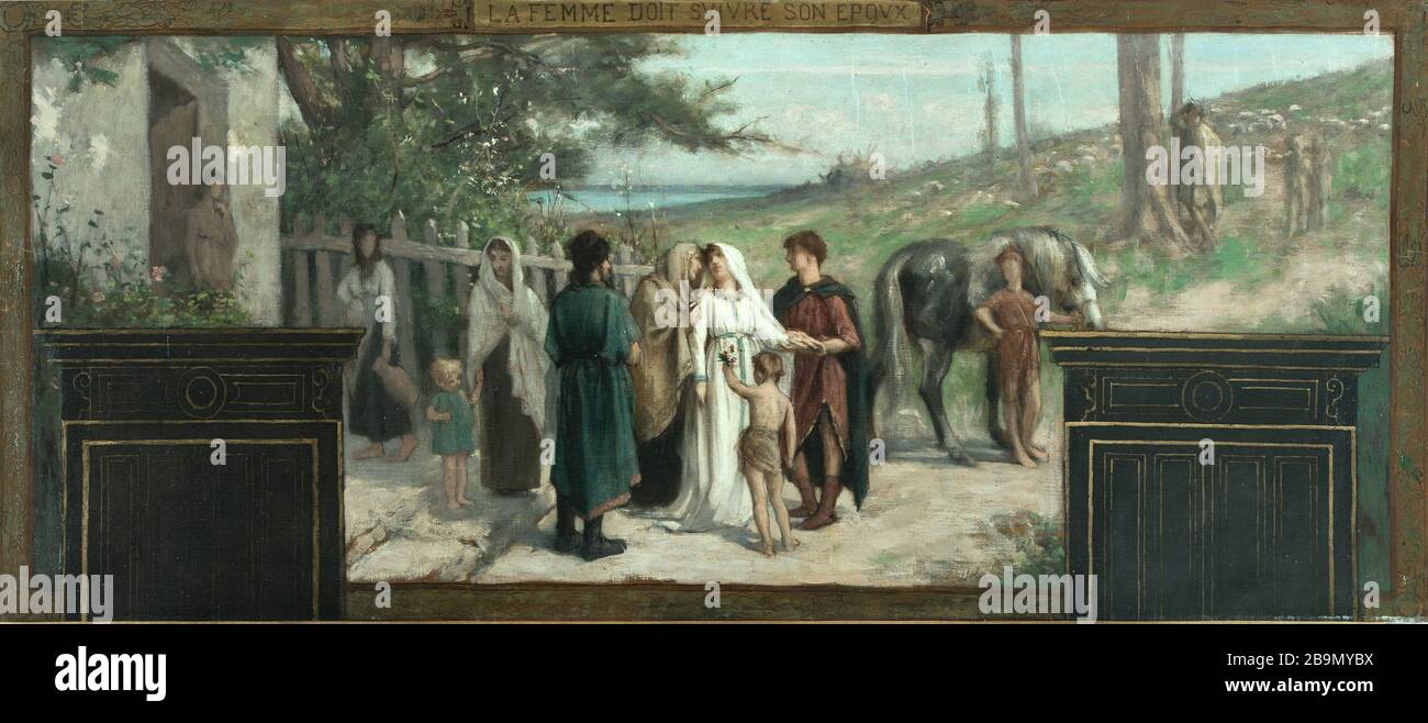 La donna deve seguire suo marito. Schizzo per il municipio del quindicesimo François-Alfred Delobbe (1835-1920). 'La Femme doit suivre son époux'. Esquisse pour la mairie du XVème circondario di Parigi. Huile sur toile. 1884. Musée des Beaux-Arts de la Ville de Paris, Petit Palais. Foto Stock