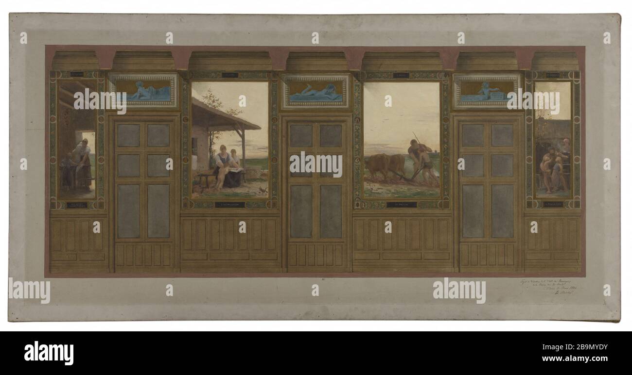 Schizzo per la sala da pranzo del ventesimo quartiere festivo di Parigi: Figure e scene allegoriche. Edouard Michel-Lançon. Esquisse pour la salle des fêtes de la mairie du XXe circondario di Parigi : Figures et scènes allégoriques. Huile et encre noire sur toile. 1884. Musée des Beaux-Arts de la Ville de Paris, Petit Palais. Foto Stock