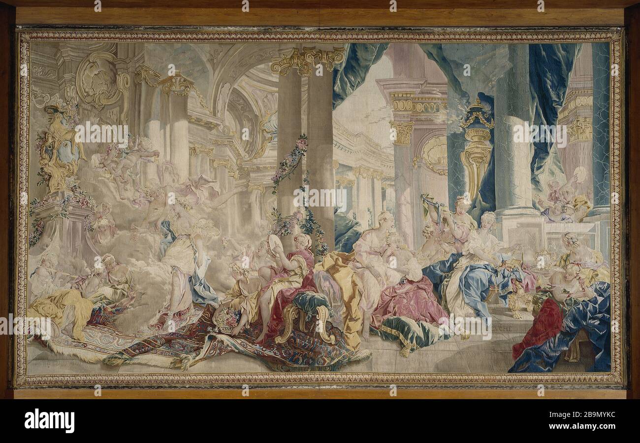 APPESO NELLA STORIA DELLA PSICHE: PSICHE ZEPHIR GUIDATO NEL PALAZZO D'AMORE FRANÇOIS BOUCHER (D'APRÈS). "Tenture de l'Histoire de Psyché : Psyché conduite par Zéphir dans le Palais de l'Amour, Psyché montrant ses richesses à ses soeurs, Manufacture de Beauvais, entre 1741 et 1770". Musée des Beaux-Arts de la Ville de Paris, Petit Palais. Foto Stock APPESO NELLA STORIA DELLA PSICHE: PSICHE ZEPHIR GUIDATO NEL PALAZZO D'AMORE FRANÇOIS BOUCHER (D'APRÈS). "Tenture de l'Histoire de Psyché : Psyché conduite par Zéphir dans le Palais de l'Amour, Psyché montrant ses richesses à ses soeurs, Manufacture de Beauvais, entre 1741 et 1770". Musée des Beaux-Arts de la Ville de Paris, Petit Palais. Foto Stock
