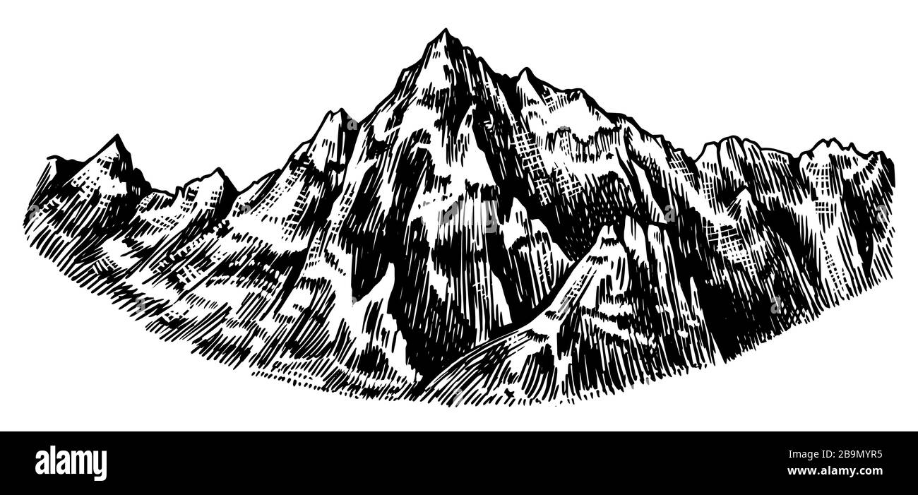 Alpi Montagne. Chamonix-Mont-Blanc Peaks. Roccia d'epoca, vecchi altopiani. Disegno vettoriale esterno disegnato a mano in stile inciso. Carta escursionistica Illustrazione Vettoriale