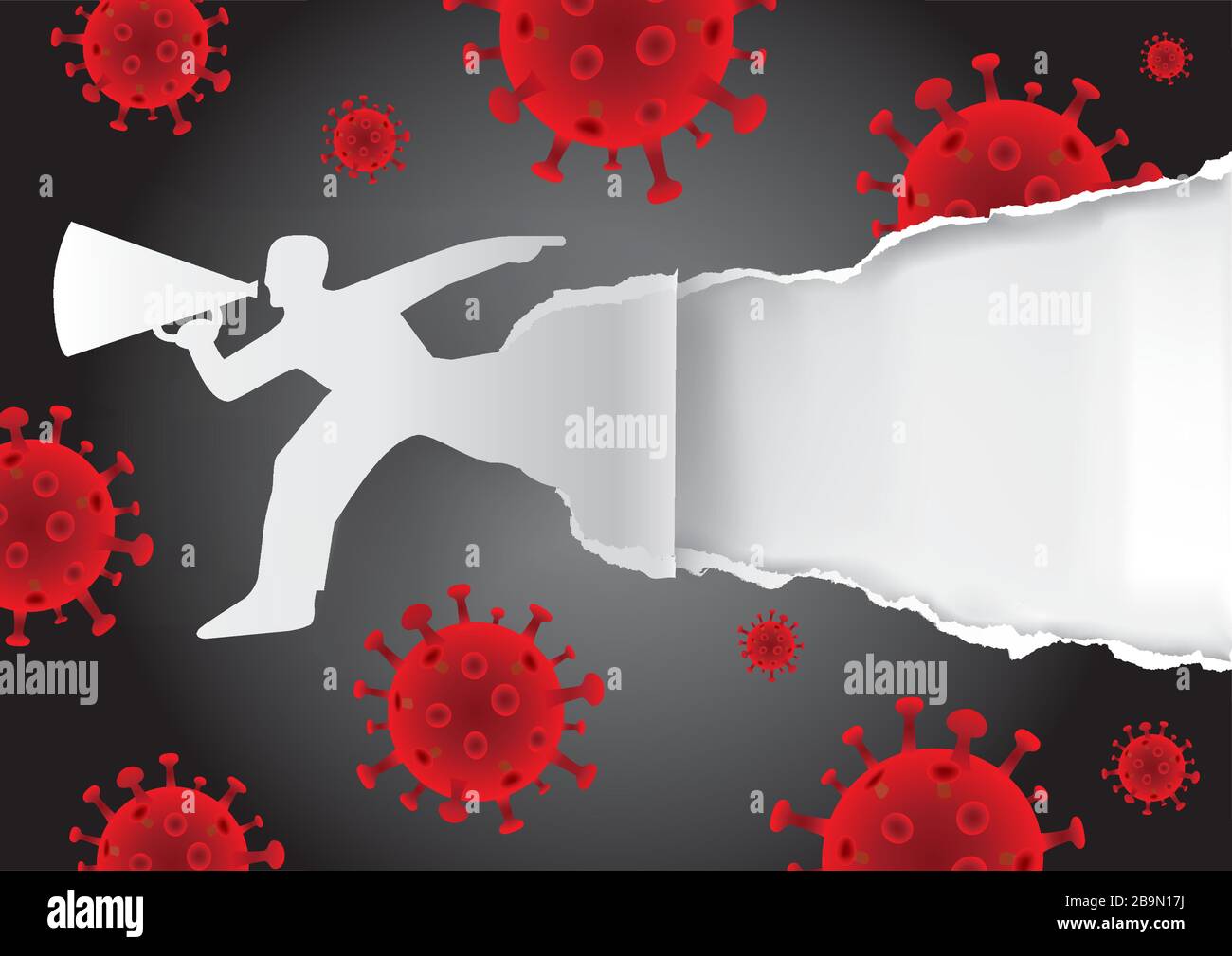Running Man con megaphone strappato carta con simboli Coronavirus. Modello espressivo per l'annuncio, poster per tema pandemico coronavirus. Illustrazione Vettoriale
