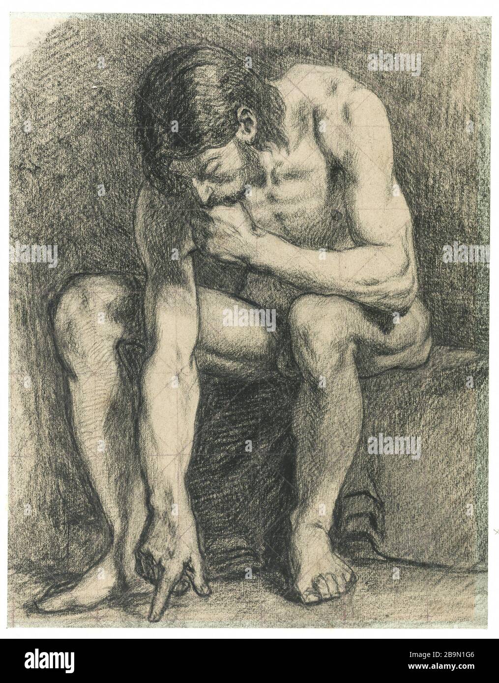Homme nu assis, écrivant par terre avec son doigt Pierre Puvis de Chavannes (1824-1898). Homme assis nu, écrivant par terre avec son doigt. Crayon noir sur papier gris. Musée des Beaux-Arts de la Ville de Paris, Petit Palais. Foto Stock