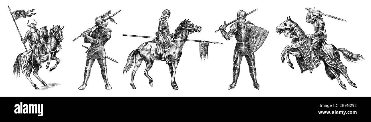 Cavaliere armato medievale in armatura e su un cavallo. Set di antichi personaggi militari storici. Principe con una lancia e una bandiera. Combattenti antichi. Vintage Illustrazione Vettoriale