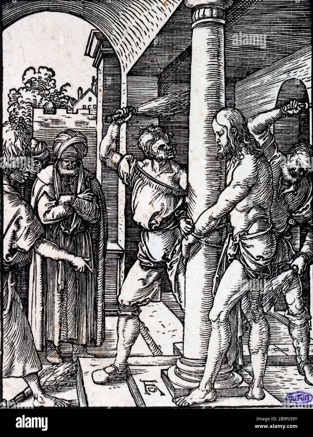 Il CRISTO Albrecht Durer (1471-1528). "La flagellation du Christ", (B 33). Gravure, XVIème. Musée des Beaux-Arts de la Ville de Paris, Petit Palais. Foto Stock