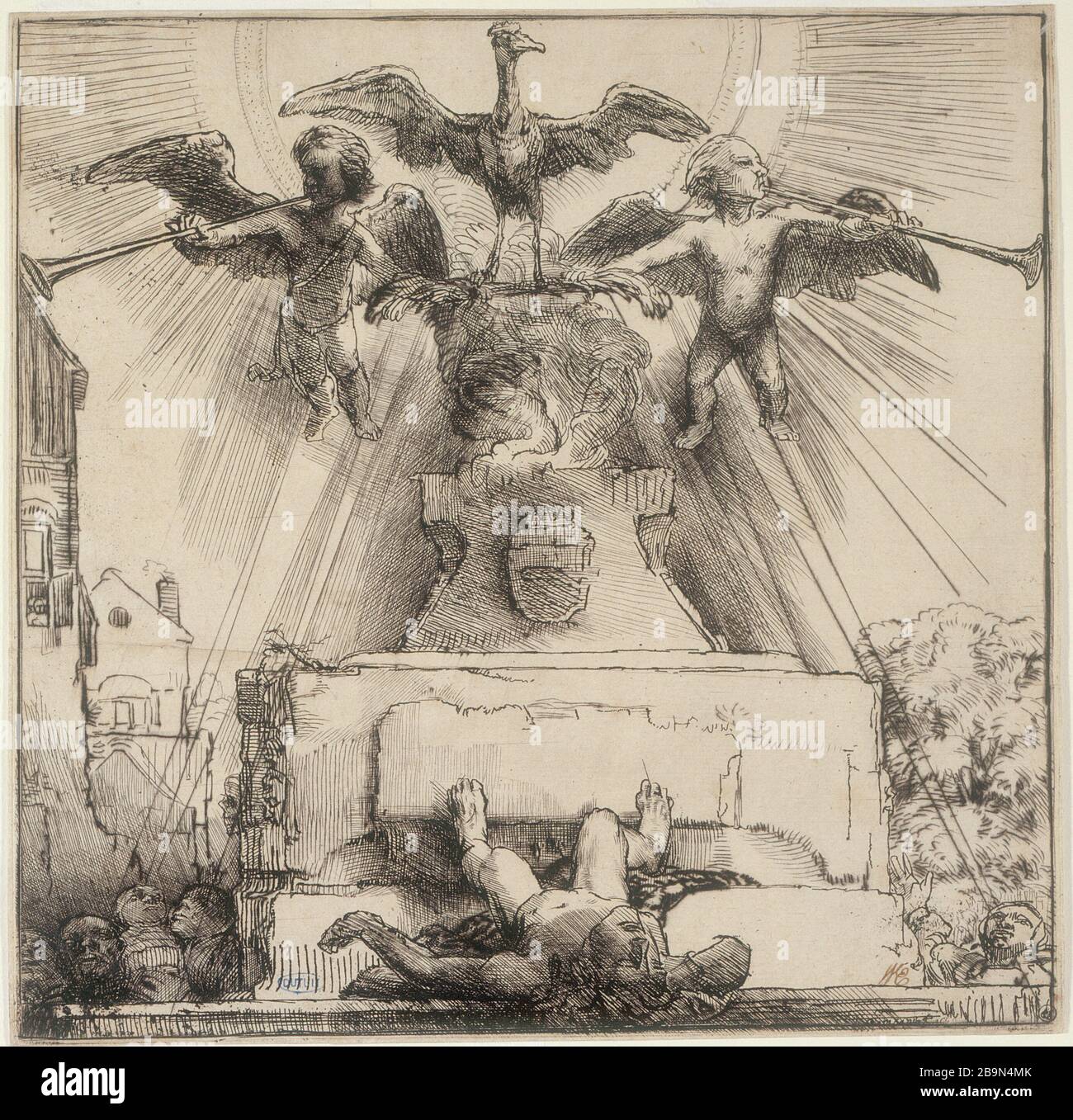 LA FENICE E LA TOMBA ALLEGORICA Harmensz Van Rijn Rembrandt (1606-1669). "Le Phénix ou le Tombeau allégorique (B 110 - état unique), 1658". Musée des Beaux-Arts de la Ville de Paris, Petit Palais. Foto Stock